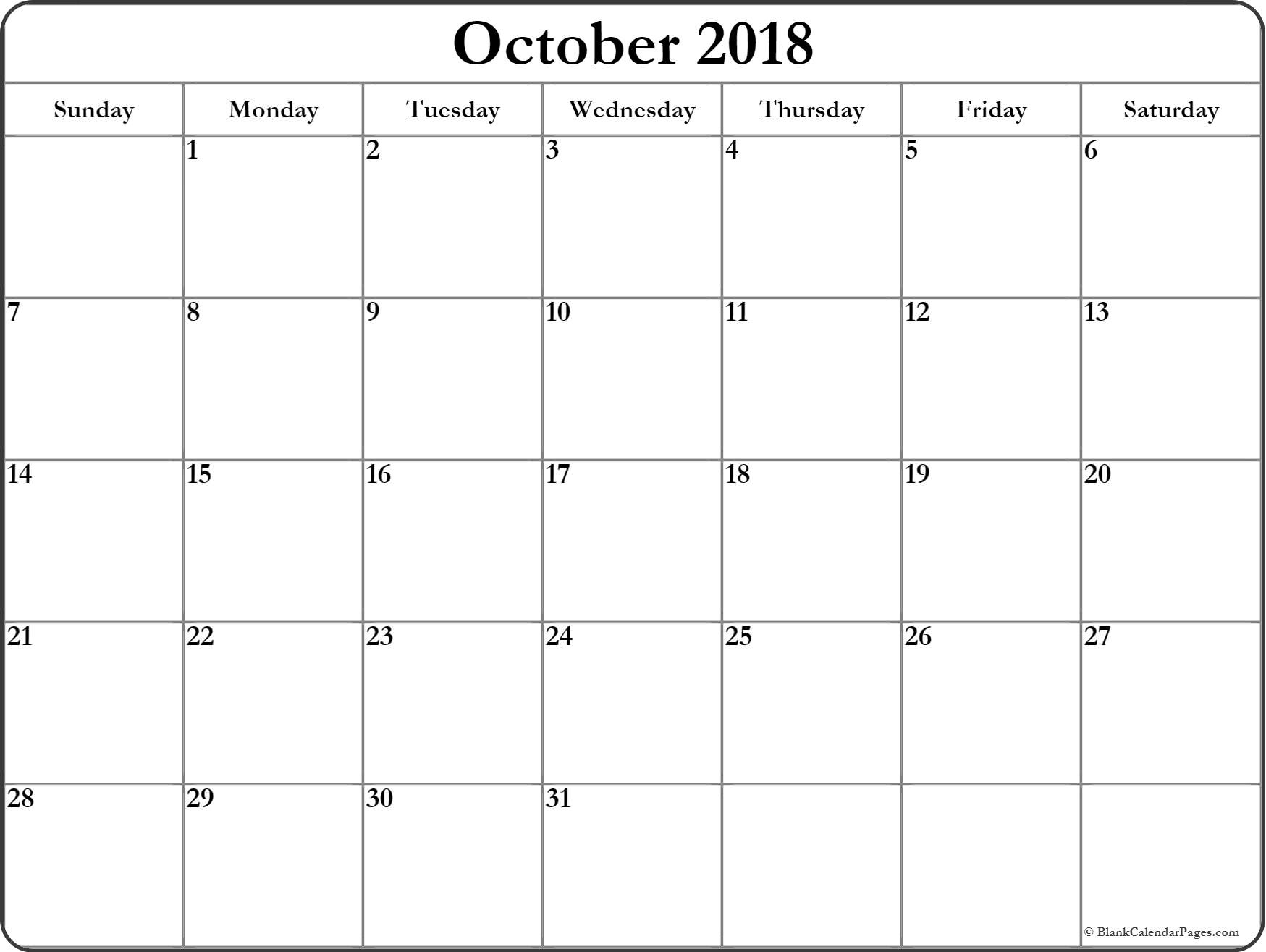 October 2018 Blank Calendar Templates. Incredible A Blank Calendar Page
