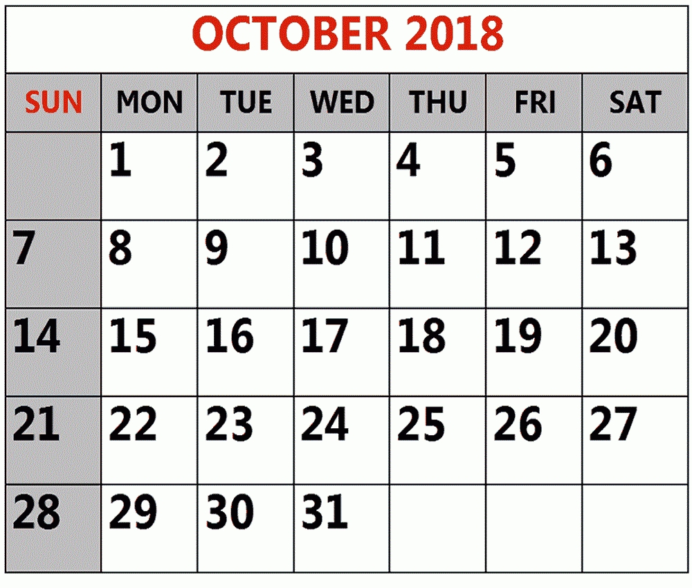 October 2018 Calendar Highlight Weekend | October 2018 Calendar Month Calendar Highlight Dates