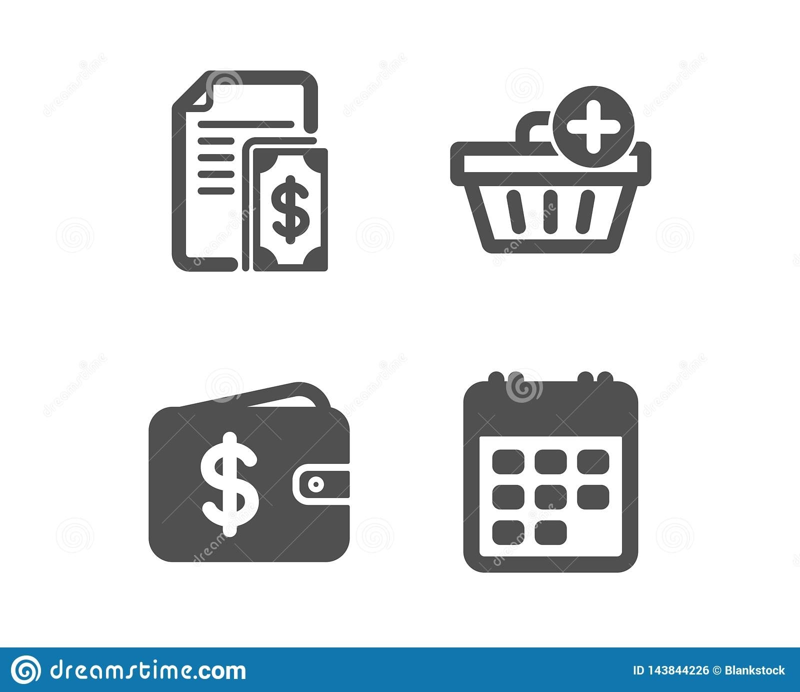 Payment, Add Purchase And Dollar Wallet Icons. Calendar Sign. Cash Add Calendar Event Icon