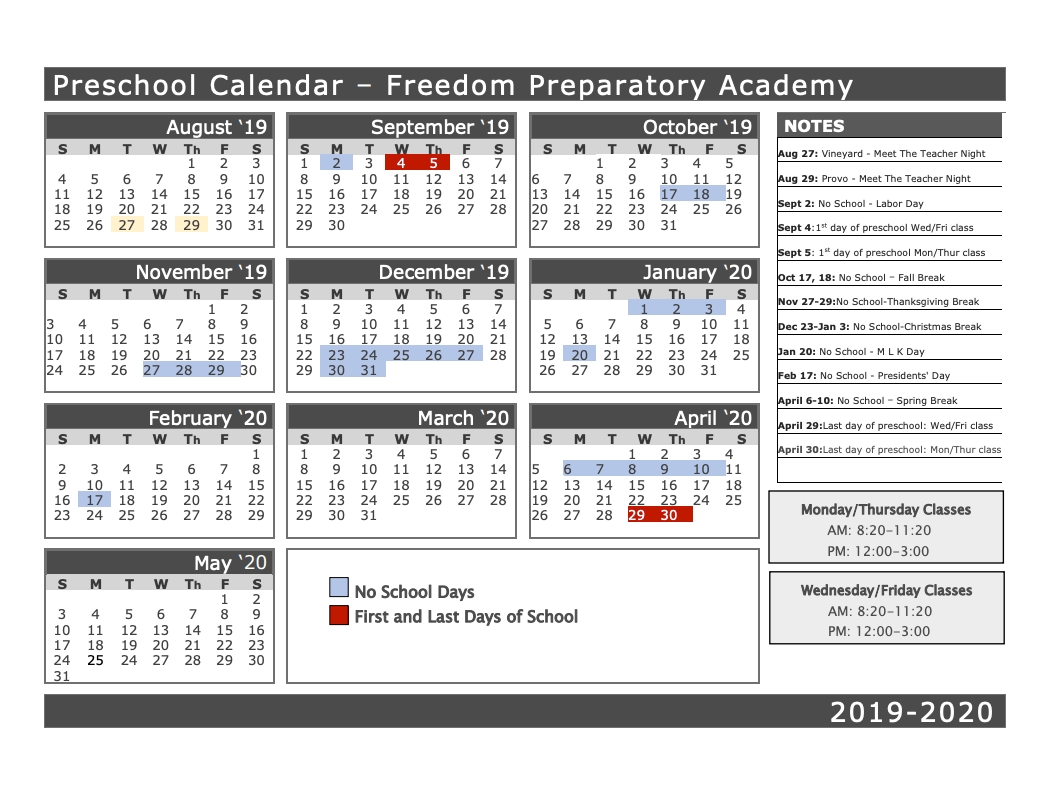 Preschool-2019-2020-Calendar - Freedom Prep Academy Freedom 7 School Calendar