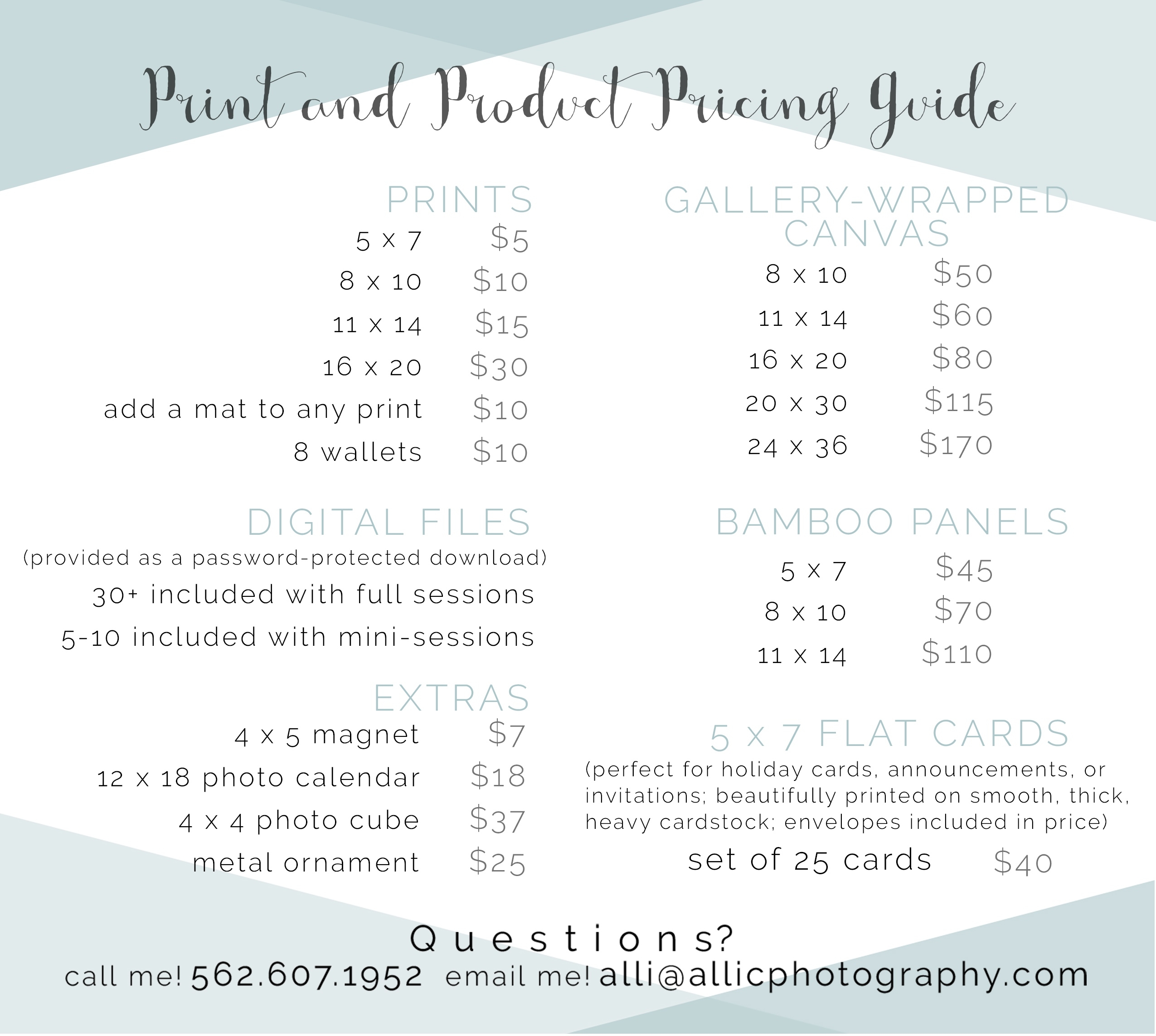 Print And Product Price List | Alli Cheatwood Photography Calendar Printing Price List