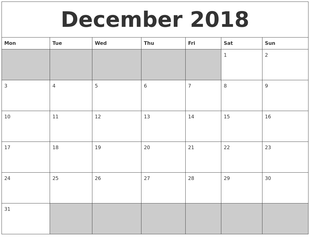 Print December 2018 Calendar Printable Monthly Template Calendar Template To Print