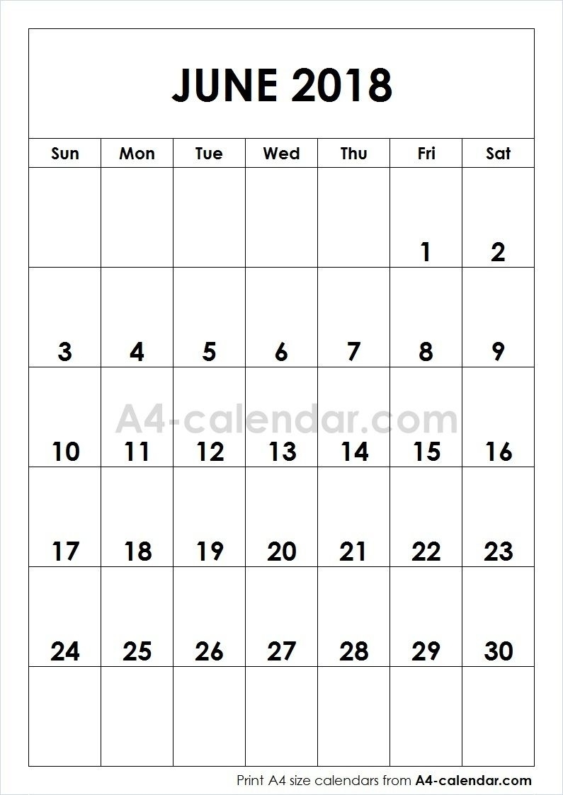 Print Free Blank June 2018 A4 Calendar From Www.a4-Calendar Calendar By Month To Print