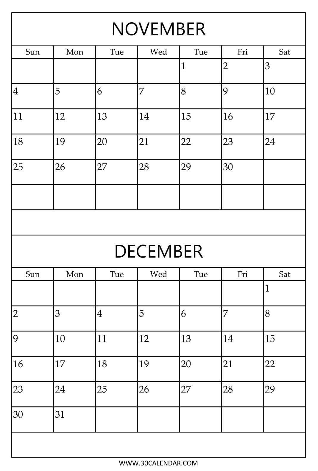 Print Free Calendar 2018 November December Two Months Template 2 Monthly Calendar Template