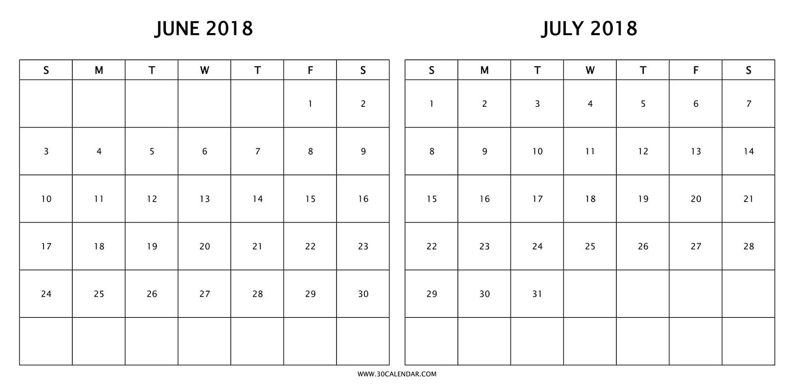 Print Free Two Month Calendar 2018 June July With Holidays | 2018 2 Month Calendar Free Print