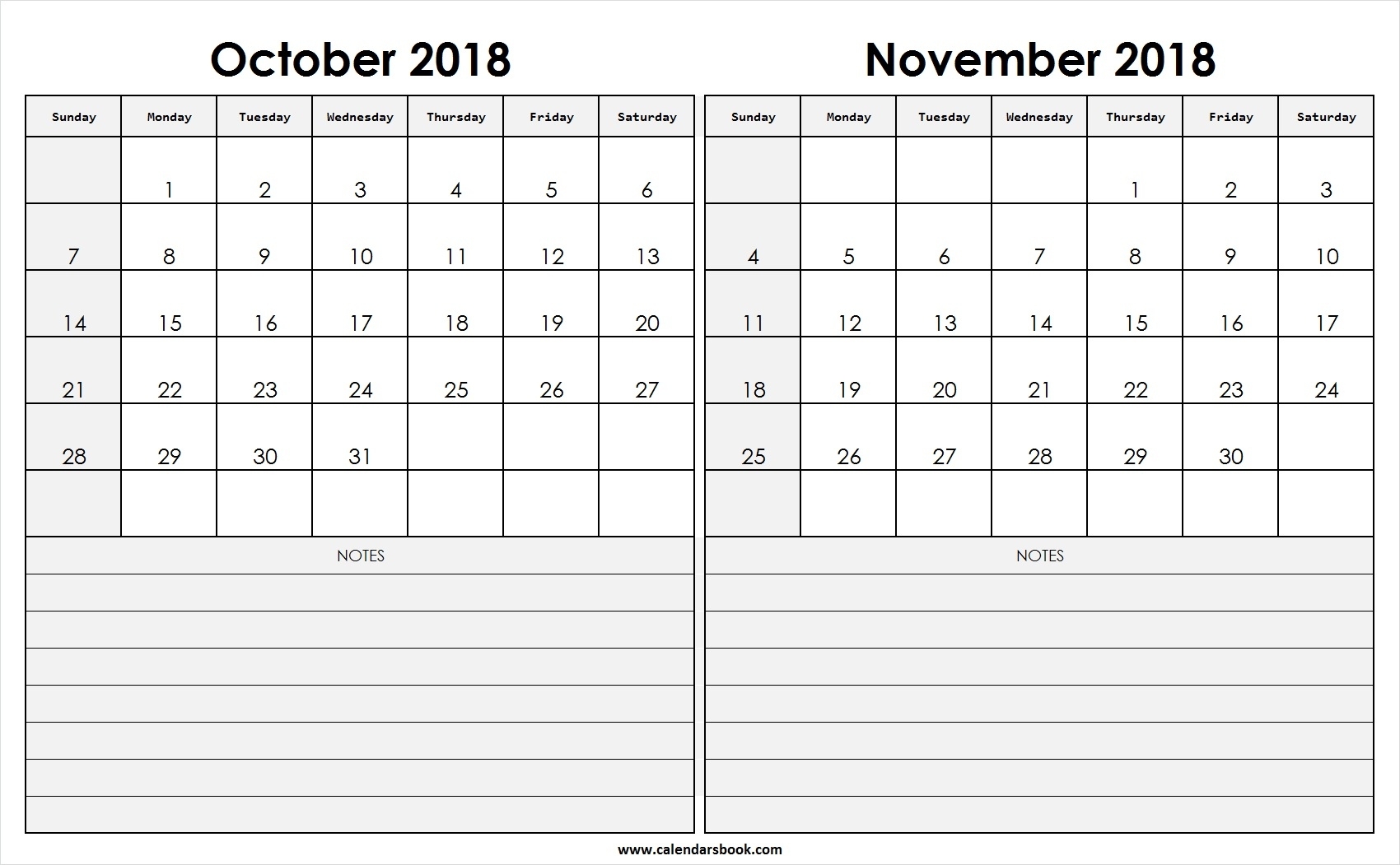 Print October November 2018 Calendar Template | 2 Month Calendar 2 Monthly Calendar Template