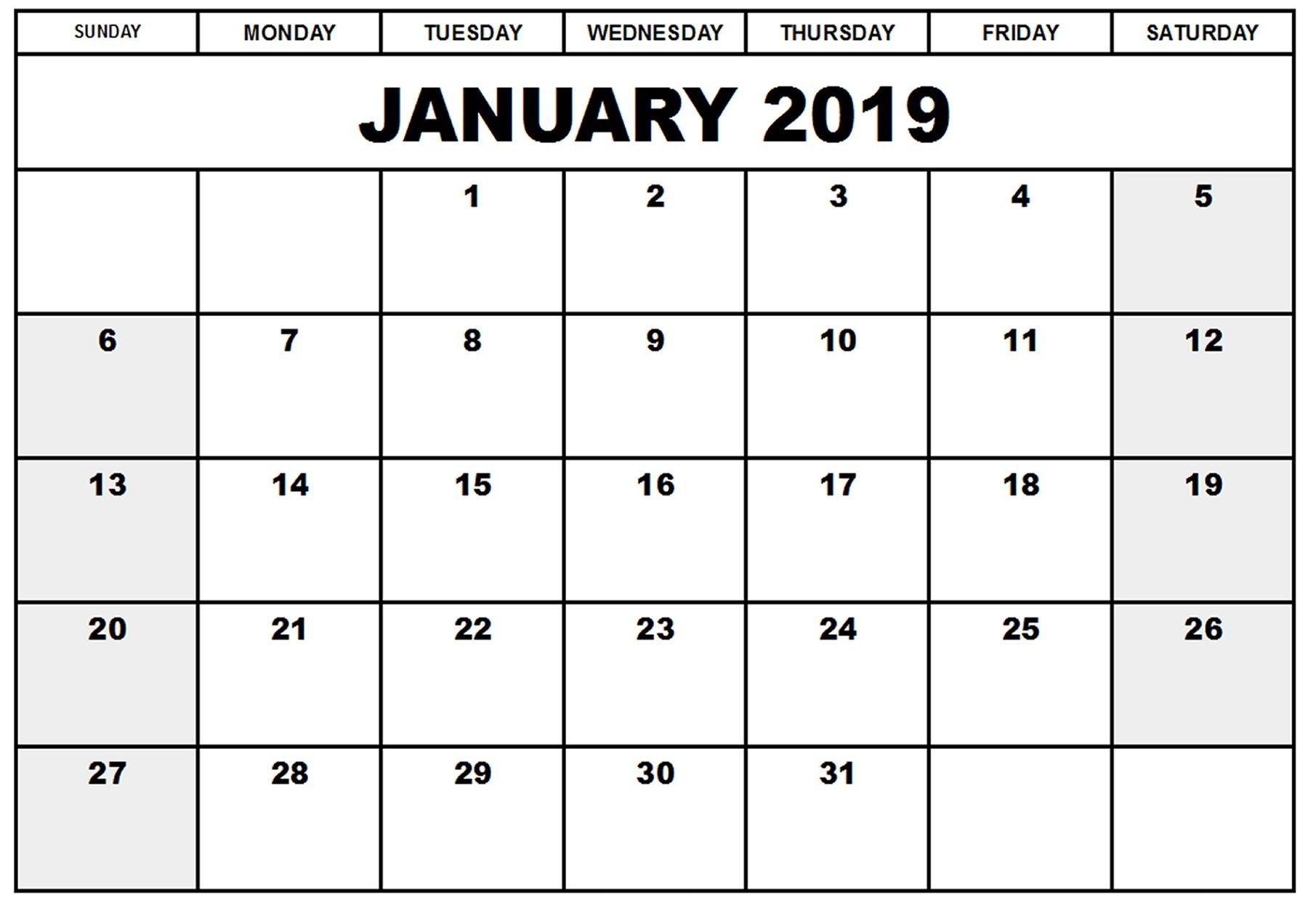 Printable Calendar January 2019 | Blank January 2019 Calendar Printable Countdown Calendar 2019