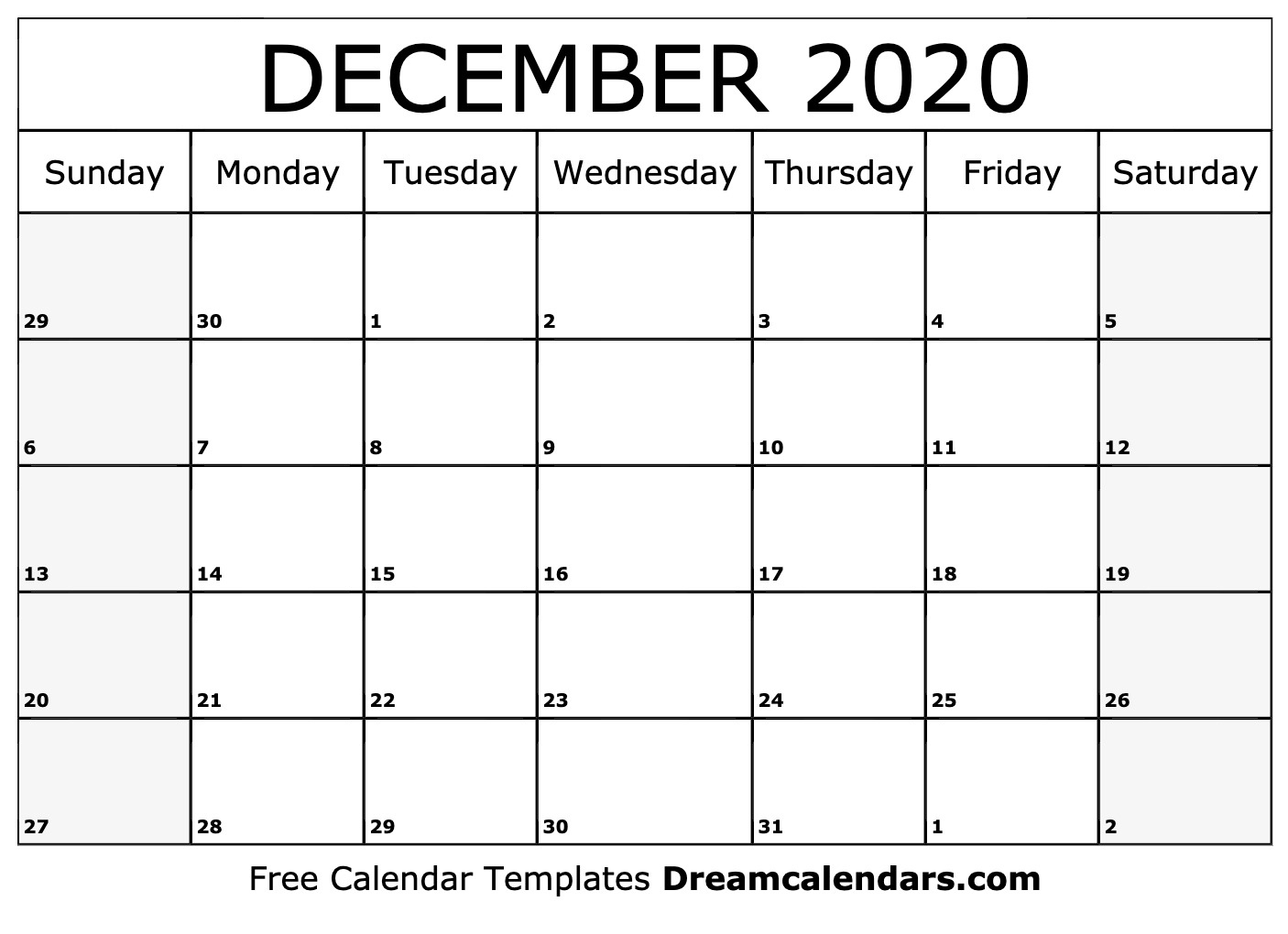 Printable December 2020 Calendar 2020 Calendar For December