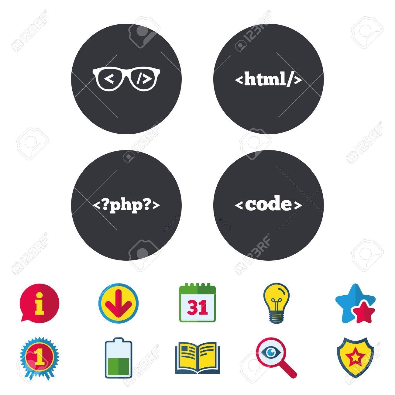 Programmer Coder Glasses Icon. Html Markup Language And Php Calendar Icon Code In Html