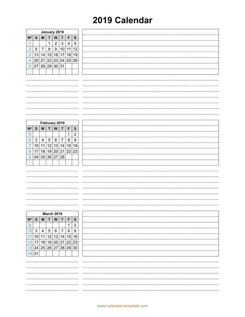 Quarterly Calendar 2019 Template, Three Months Per Page Calendar Template Three Months Per Page