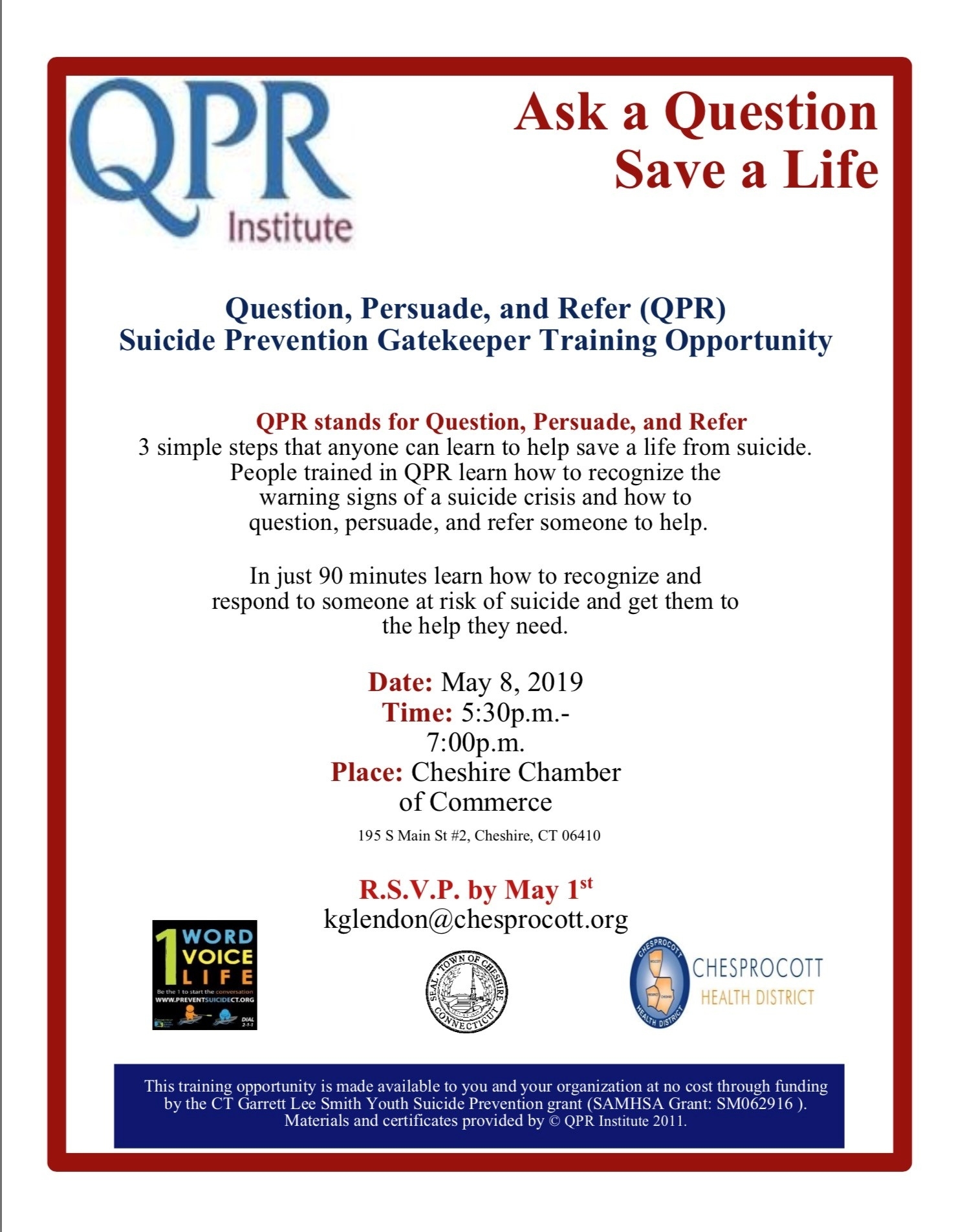 Question, Persuade, And Refer (Qpr) Suicide Prevention Gatekeeper Incredible School Calendar Waterbury Ct
