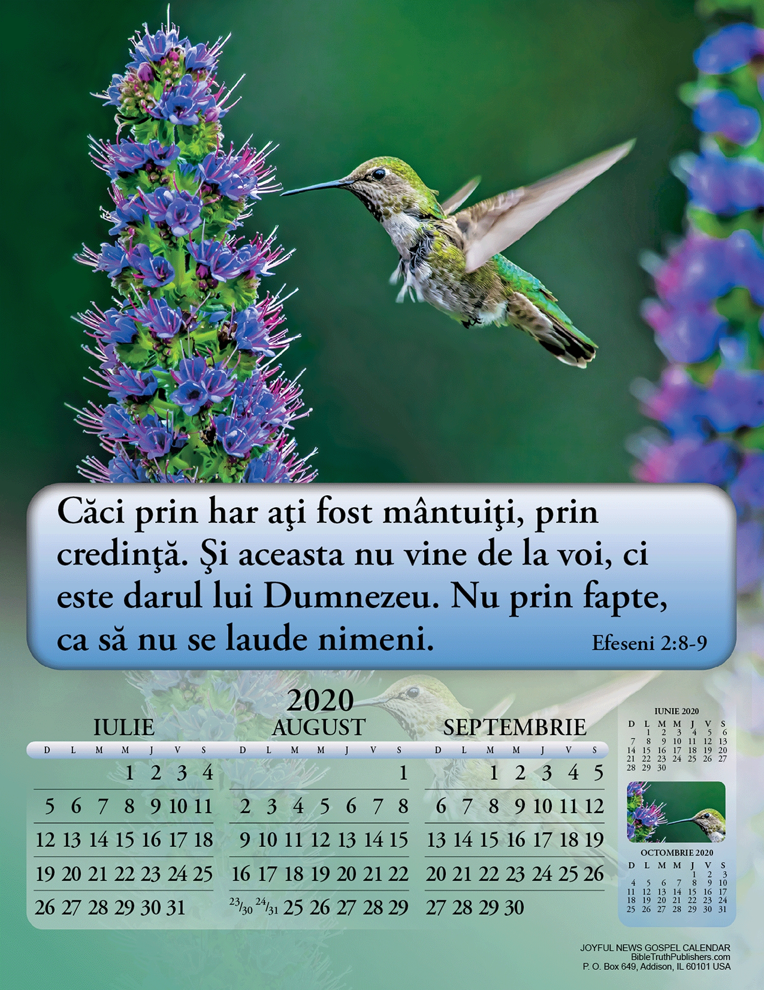 Romanian Joyful News Gospel Calendar (#6123) - Bible Truth Publishers 6 Iunie 2020 Calendar