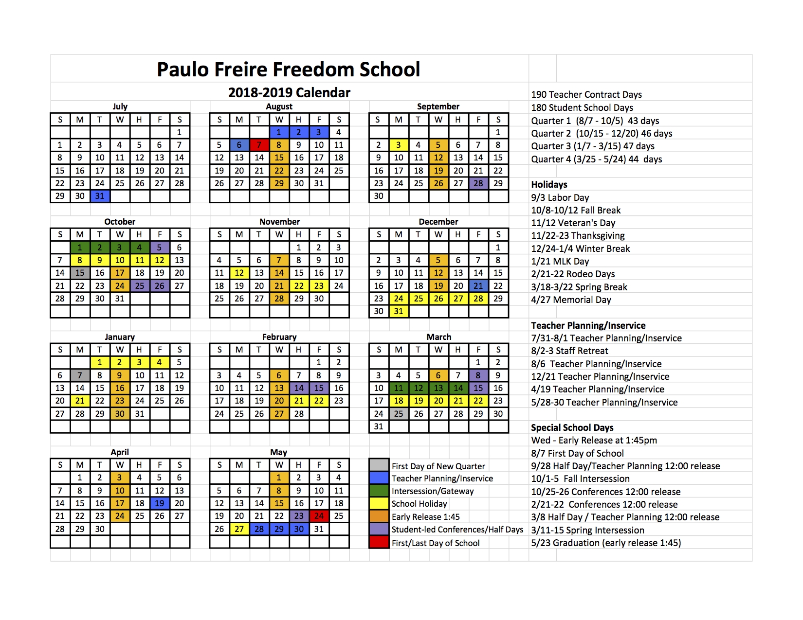 School Calendar Impressive Freedom 7 School Calendar