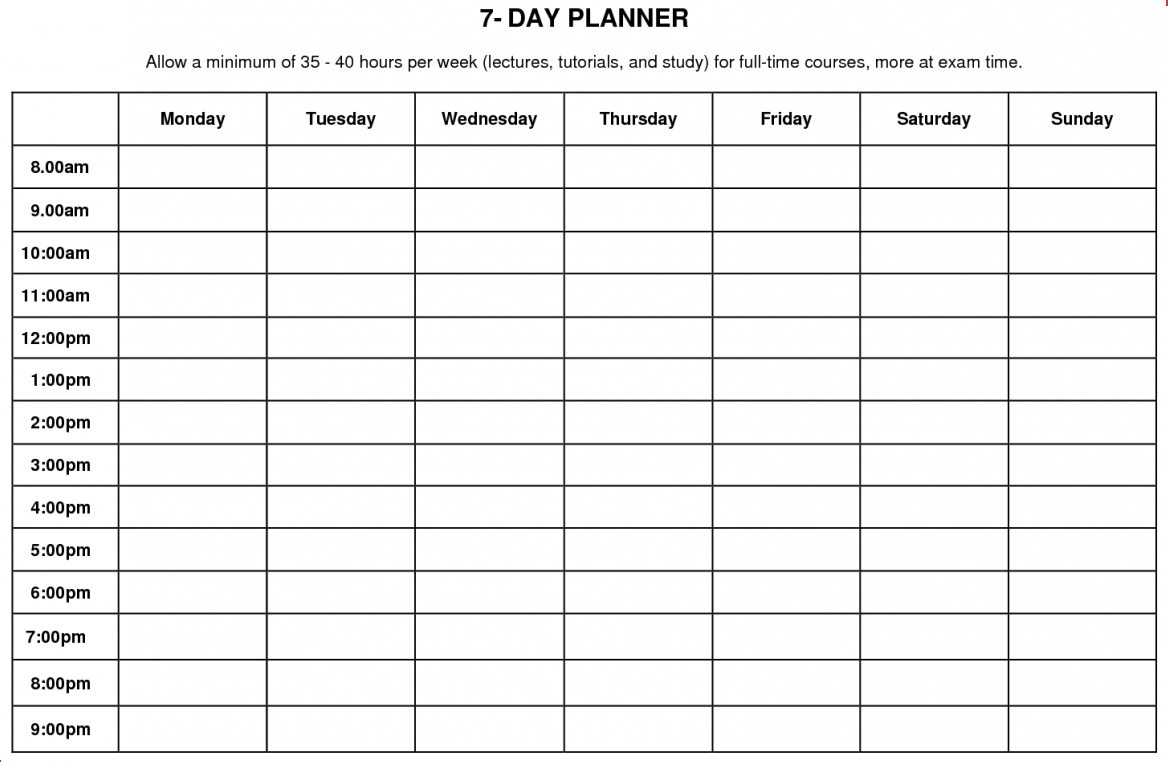 Seven Day Calendar Template Schedule Archaicawful Ulyssesroom Hourly 7 Day Hourly Calendar Template