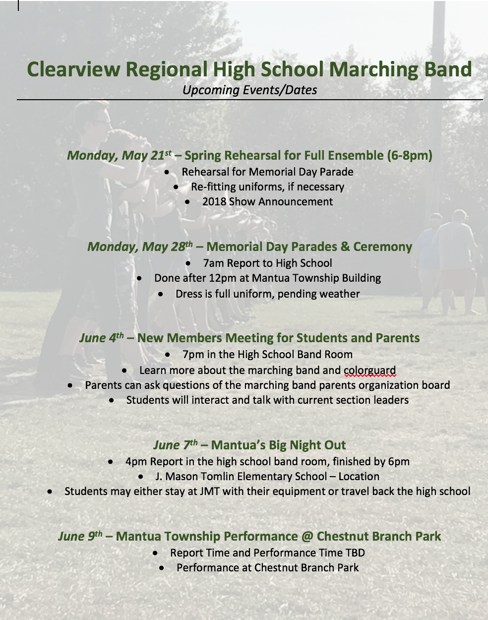 Spring Marching Band Schedule | Viewband J Mason Tomlin School Calendar