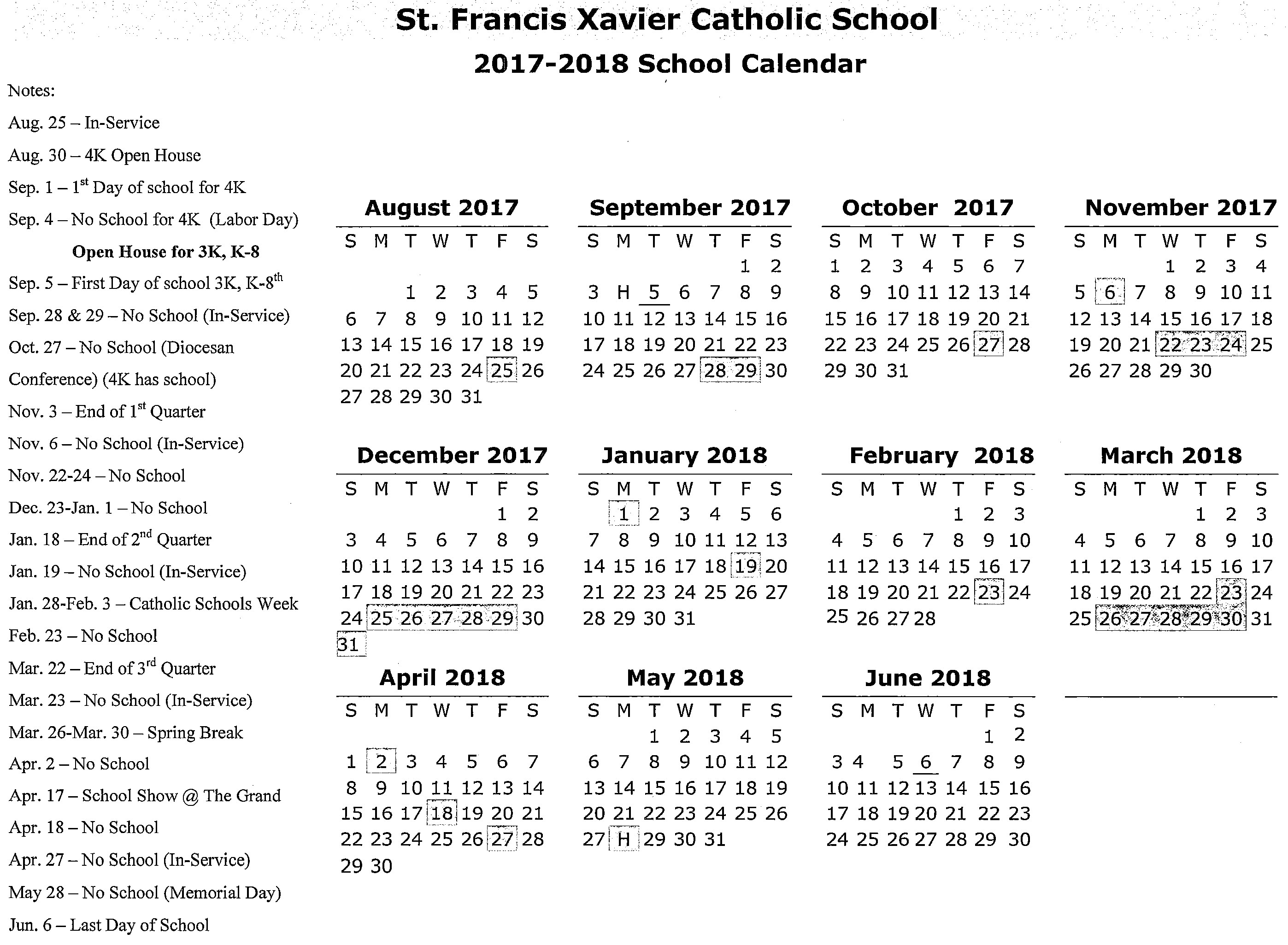 St. Francis Xavier Exceptional St X School Calendar