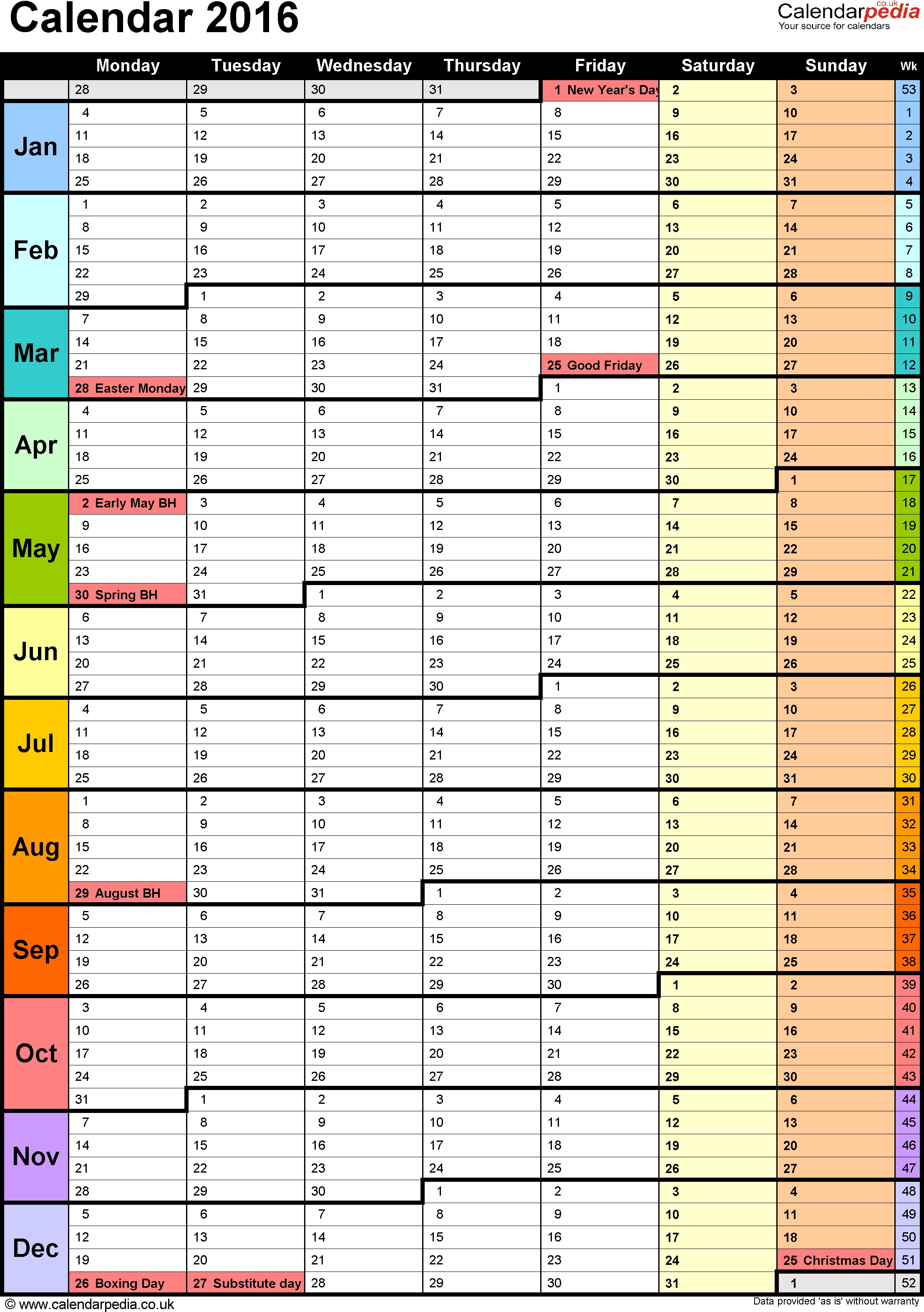 Template 15: Yearly Calendar 2016 As Pdf Template, Portrait 1 Year Calendar Template Excel