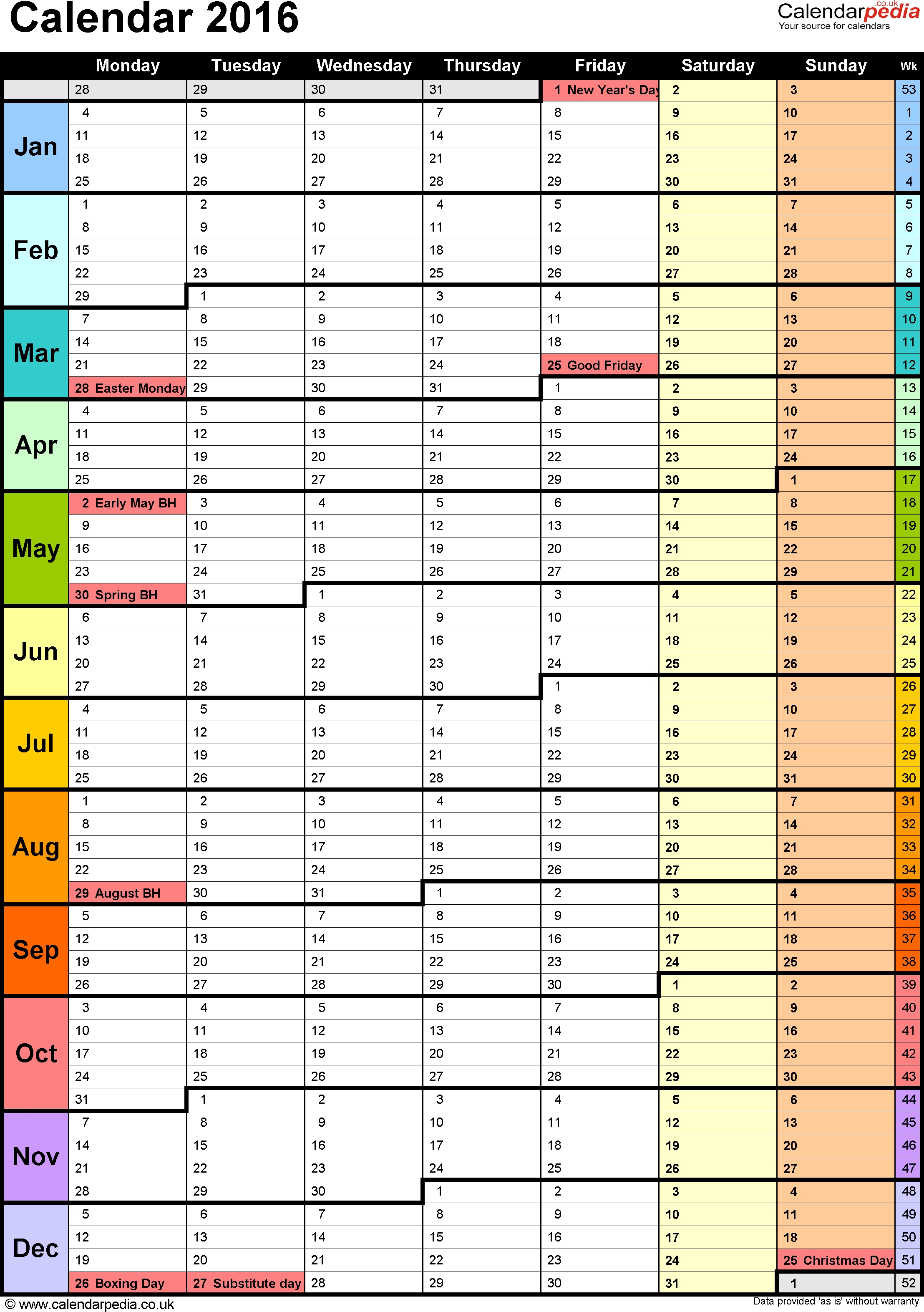 Template 15: Yearly Calendar 2016 As Pdf Template, Portrait 1 Year Calendar Template