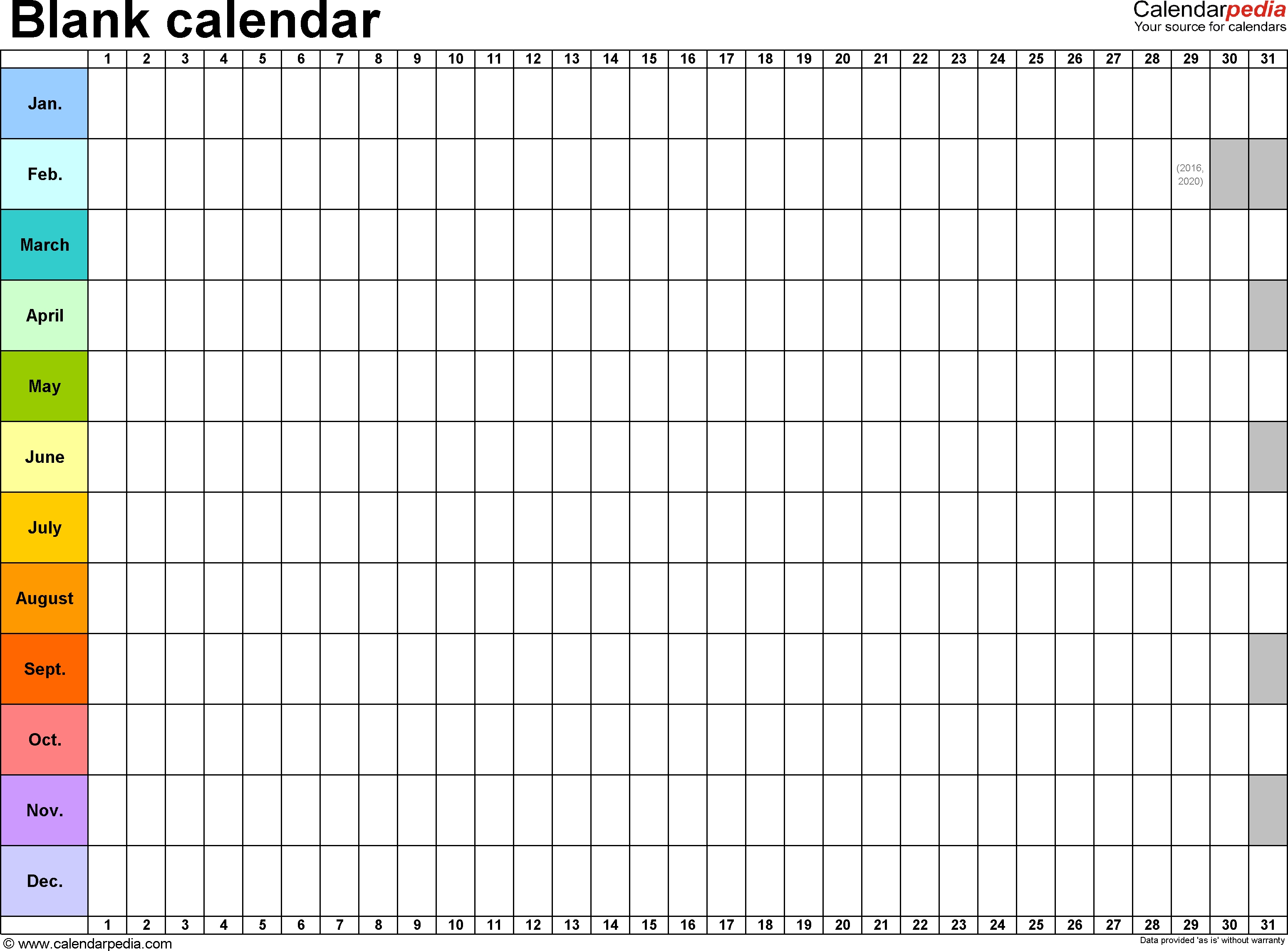 Template 2: Excel Template For Blank Calendar (Landscape Orientation 1 Year Calendar Template Excel