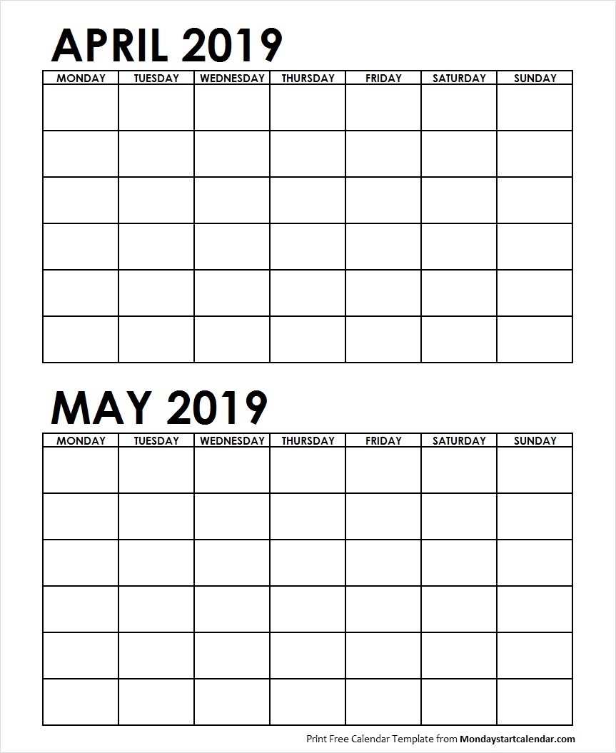 Two Month April May 2019 Calendar Blank | Two Months Template 2 Month Calendar Blank