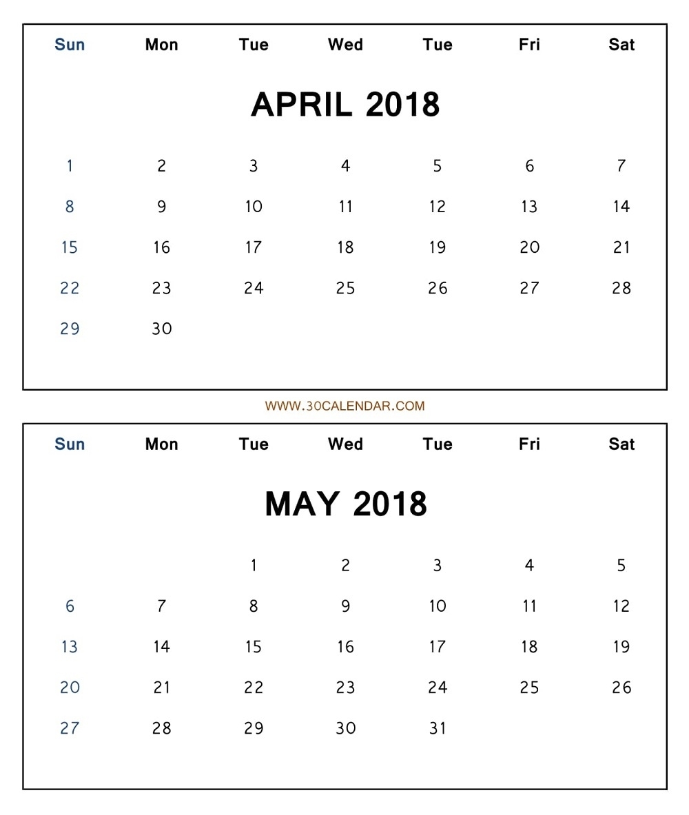 Two Month Calendar 2018 April May Printable Free | Blank 2 Month 2 Month Calendar Free Print