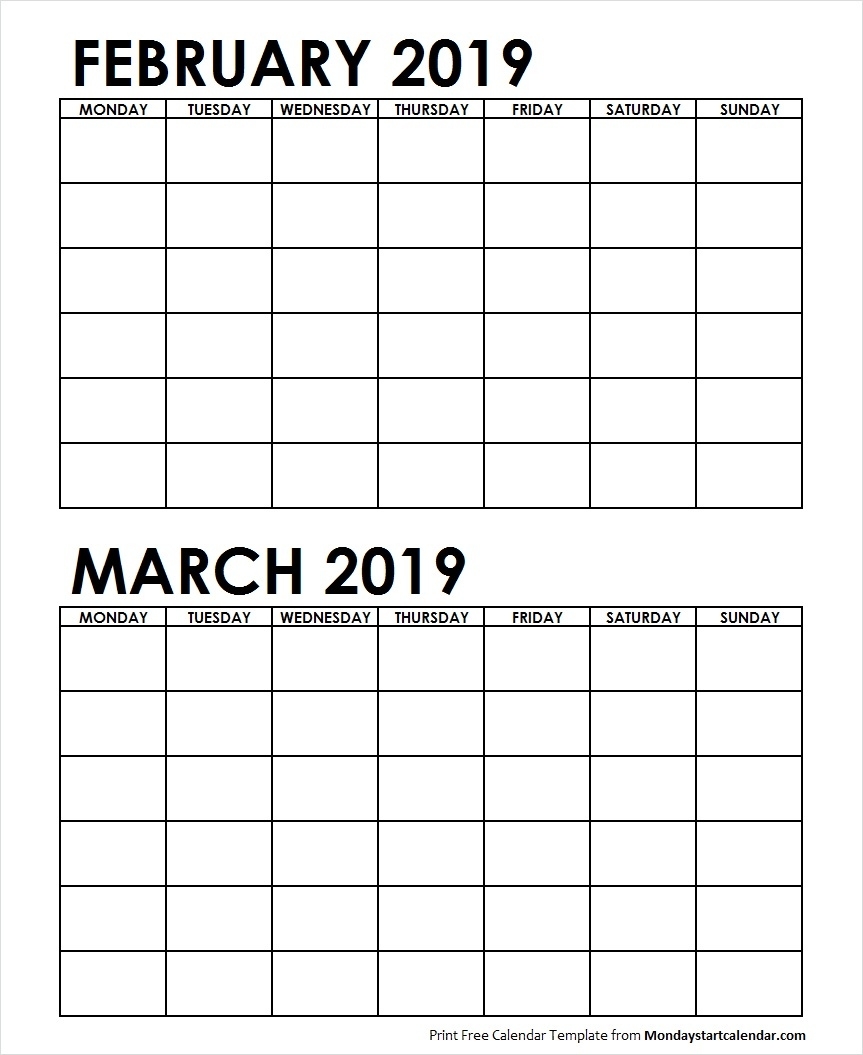 Two Month February March 2019 Calendar Blank Template 2 Month Calendar Free Print