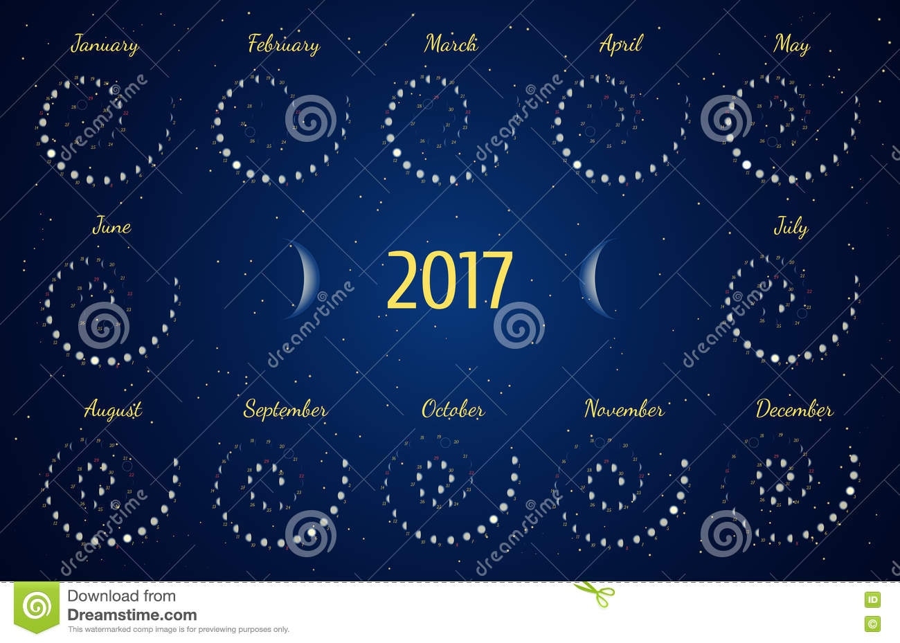 Vector Astrological Spiral Calendar For 2017. Moon Phase Calendar In Lunar Calendar With Zodiac