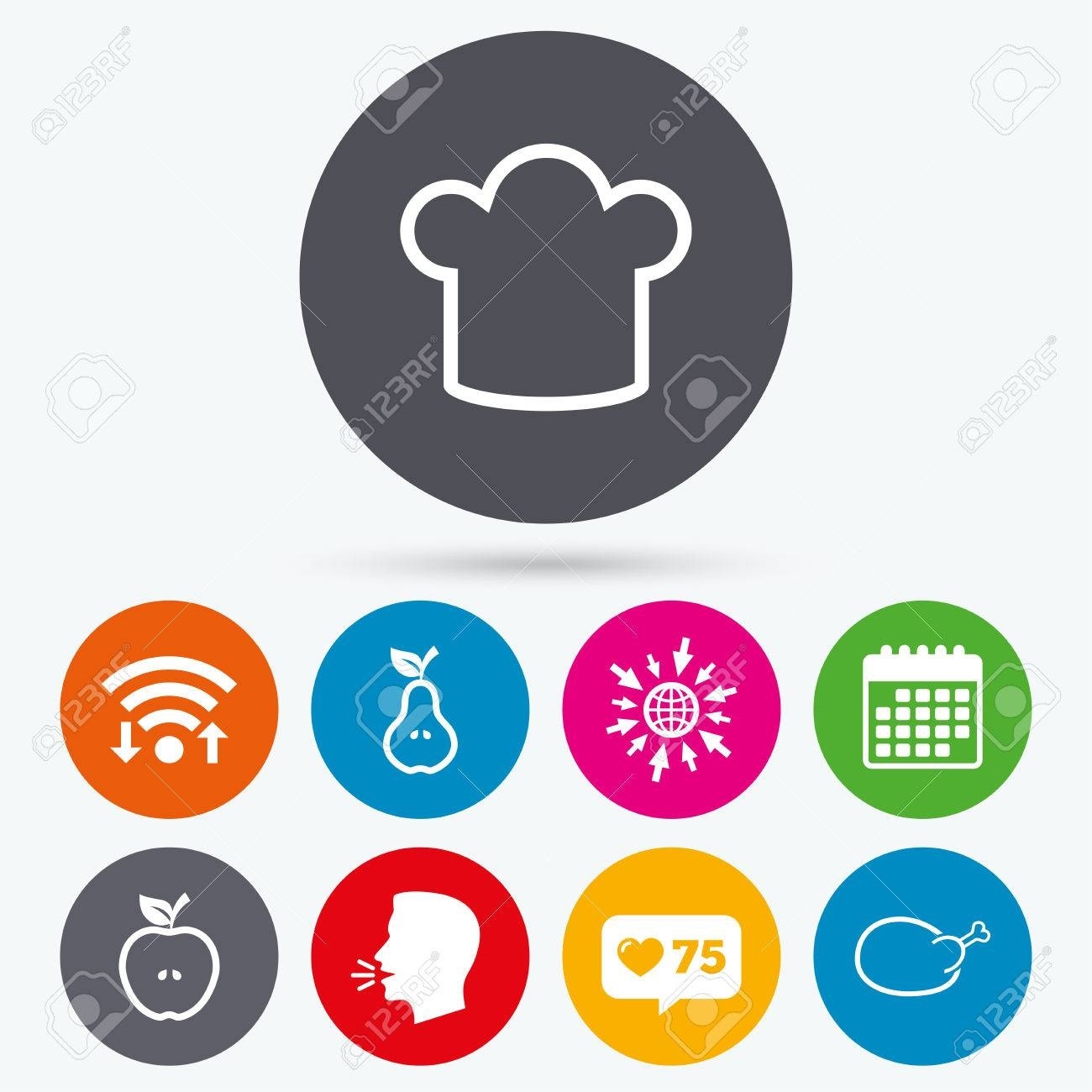 Wifi, Like Counter And Calendar Icons. Food Icons. Apple And Apple Calendar Icon Vector