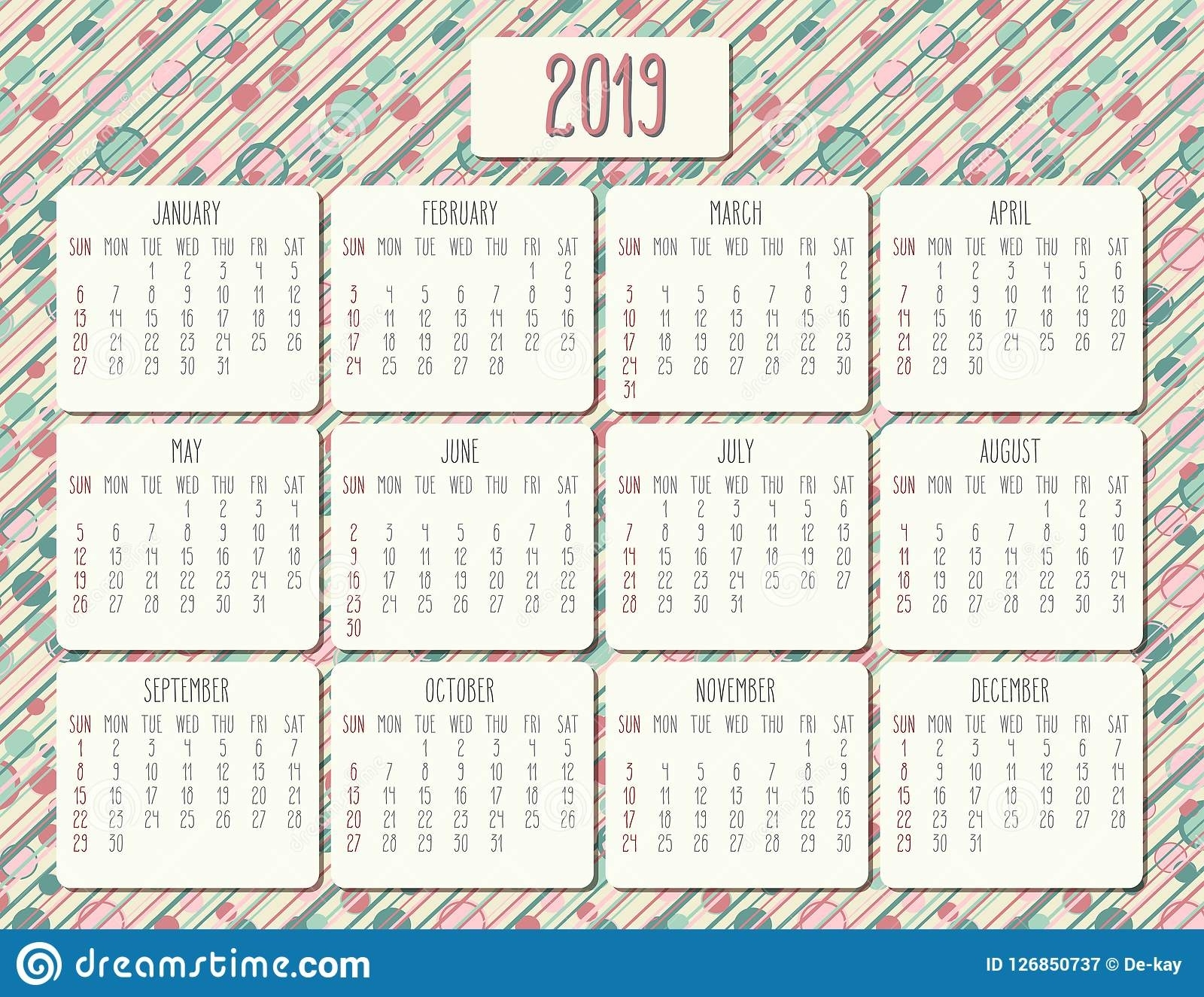 Year 2019 Monthly Calendar Stock Vector. Illustration Of Schedule 5 Year Monthly Calendar