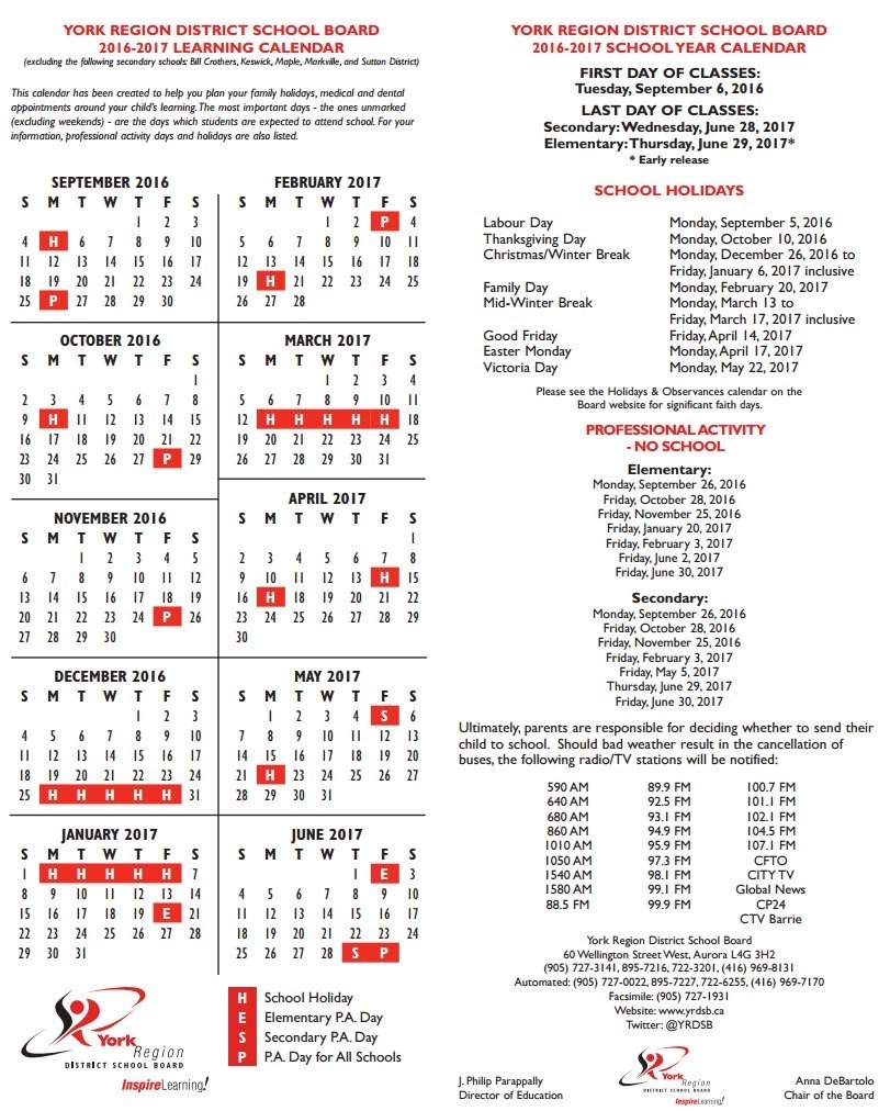 York Region Dsb On Twitter: &quot;reminder: Friday, November 25 Is A Pa York 1 School Calendar