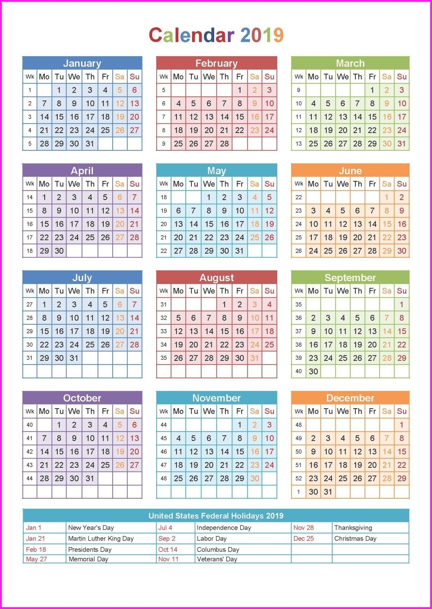 1 Page Calendar 2019-2020 With Major Holidays - Calendar Remarkable 2020 1 Page Calendar