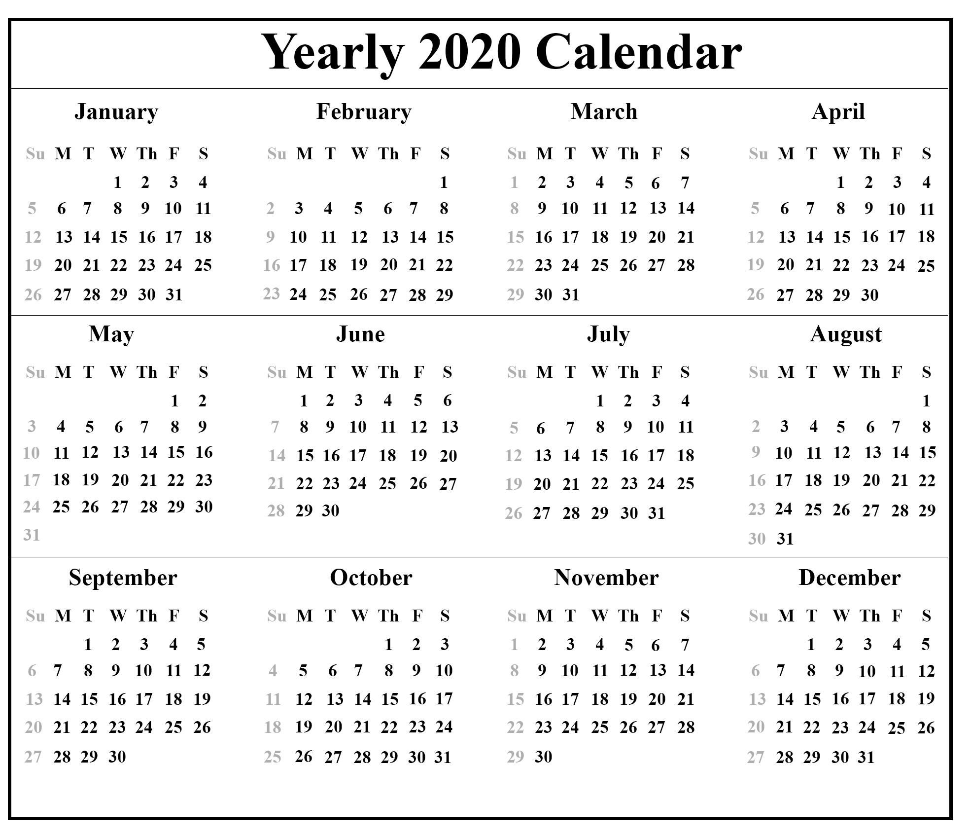 12 Month 2020 Printable Calendar Template One Page Exceptional 2020 Calendar Printable With Holidays Malaysia
