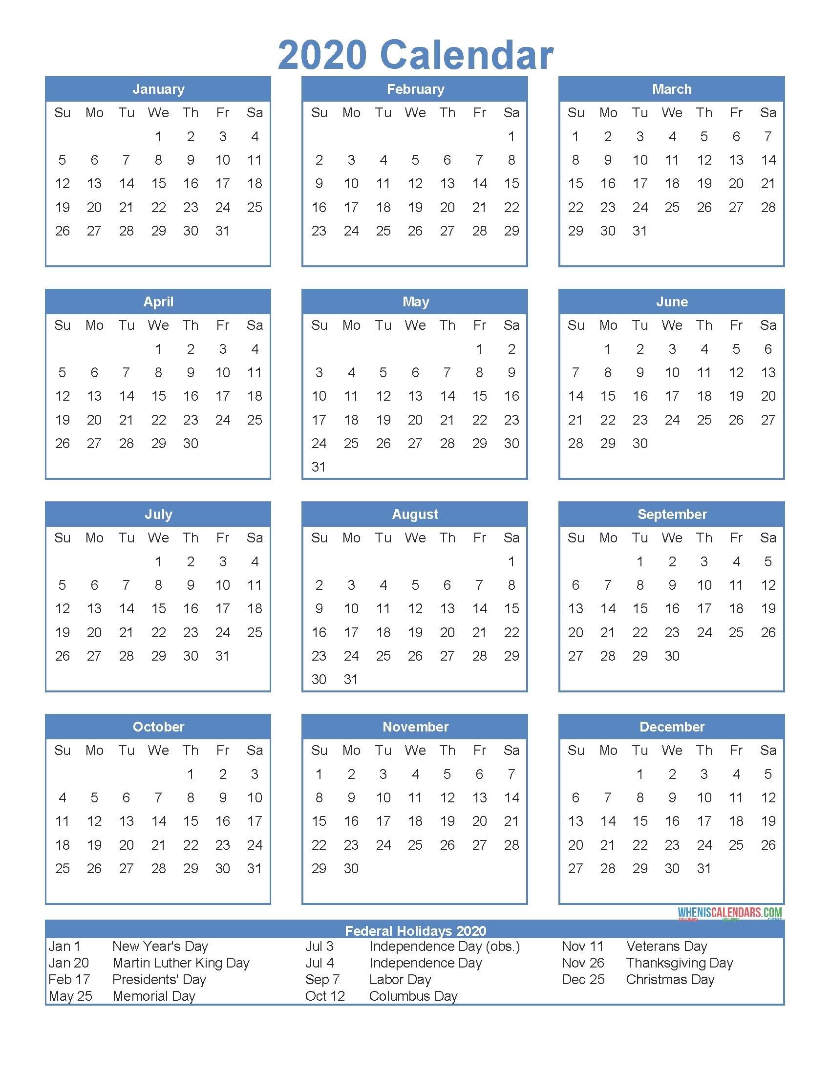 12 Month Calendar On One Page 2020 Printable Pdf, Excel 2020 Writeable Year At A Glance Calendar In Excel