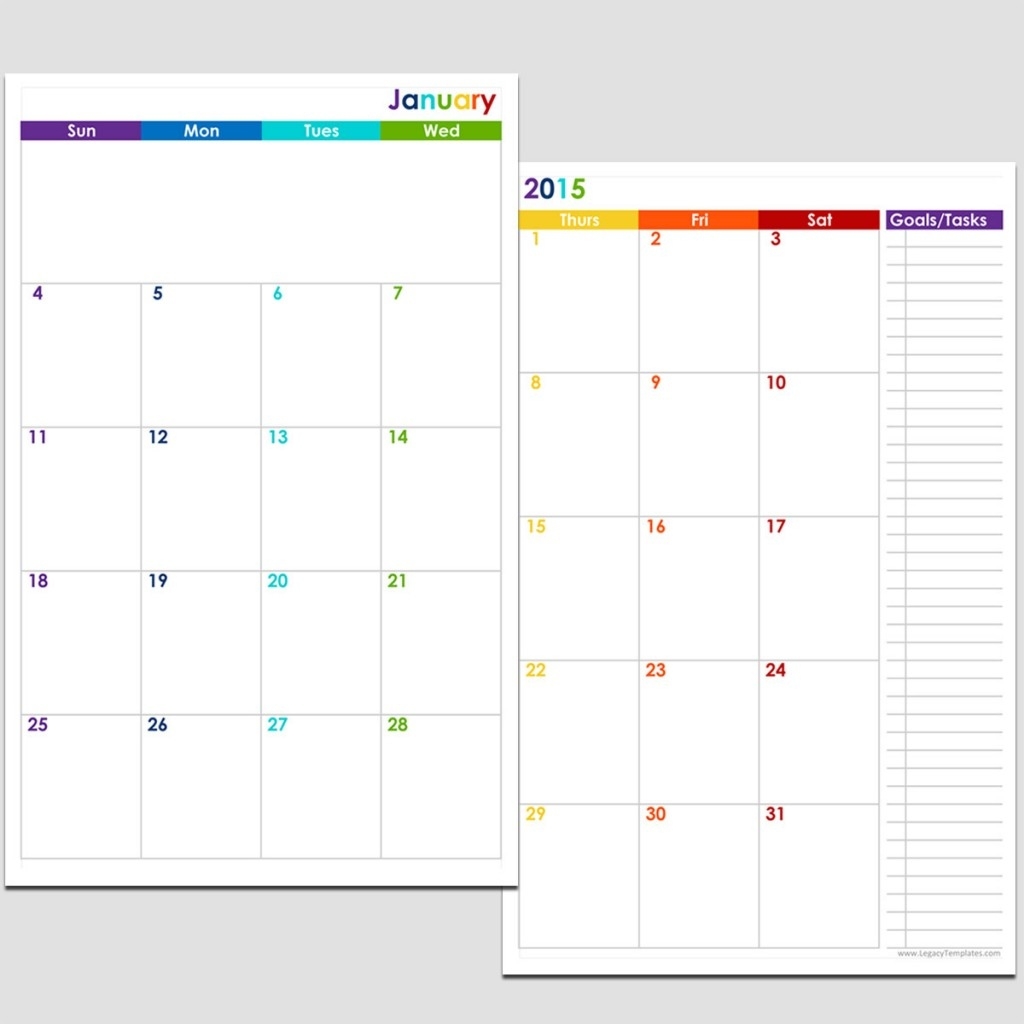 2015 12-Month 2 Page Calendar - Half Size | Legacy Templates Free Printable Double Month Calendar