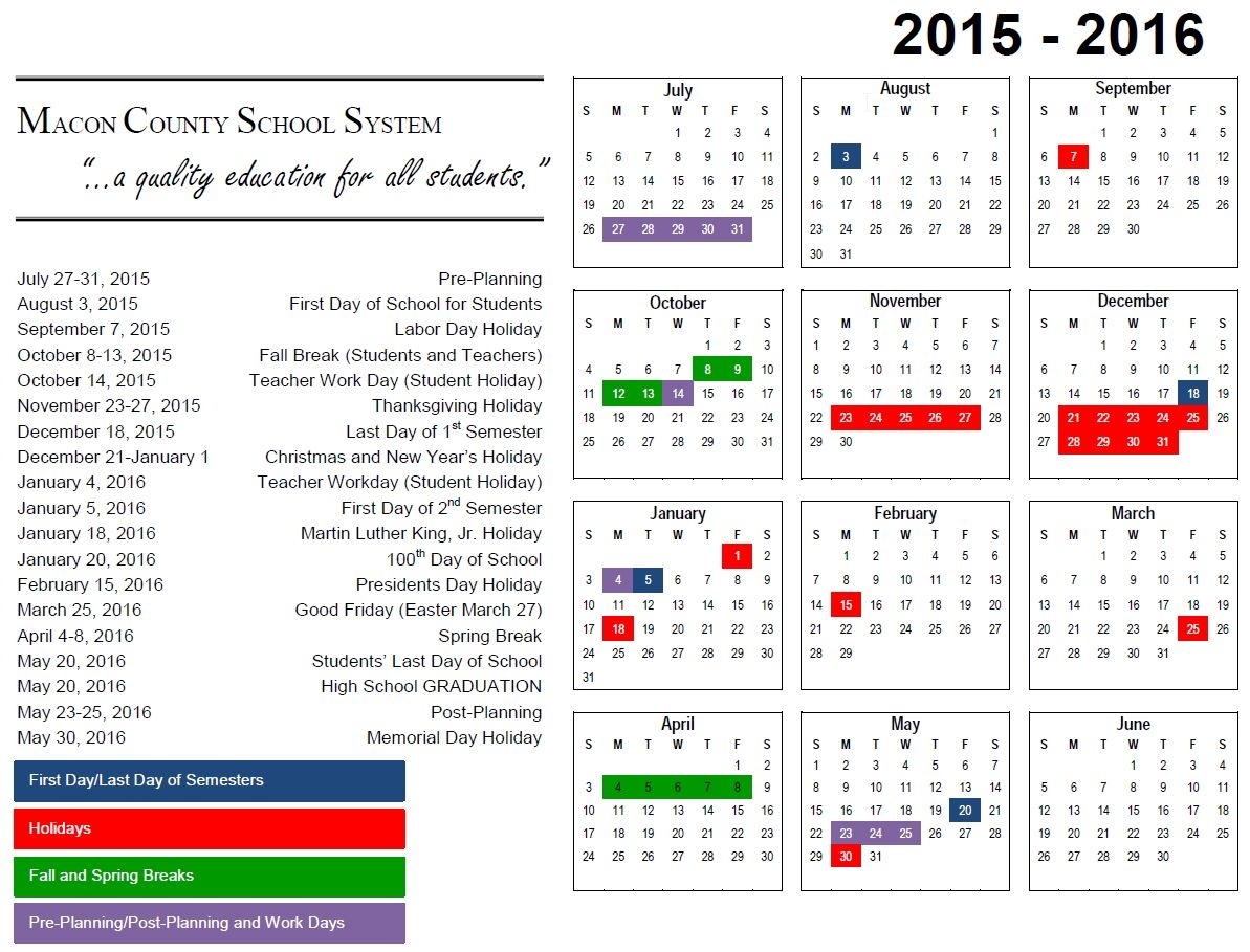 2015-2016 School Calendar - Macon County School System Remarkable Ga Pre K School Calendar