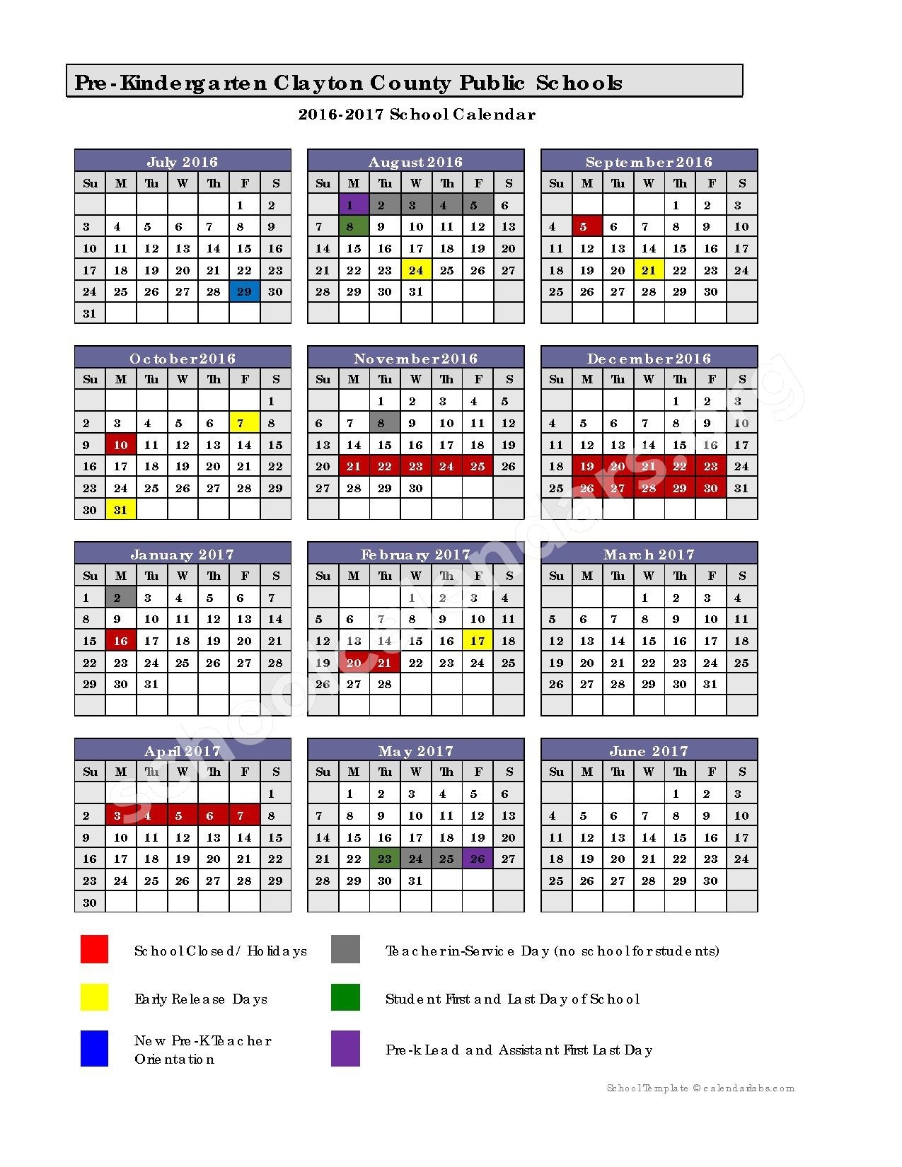 2016 - 2017 Pre-K Calendar | Clayton County School District Remarkable Ga Pre K School Calendar