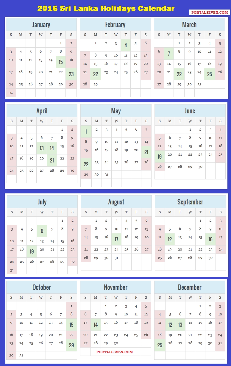 2016 Sri Lanka Calendar | 2016 Sri Lankan Holidays Sri Lanka Mercantile Holidays For 2020