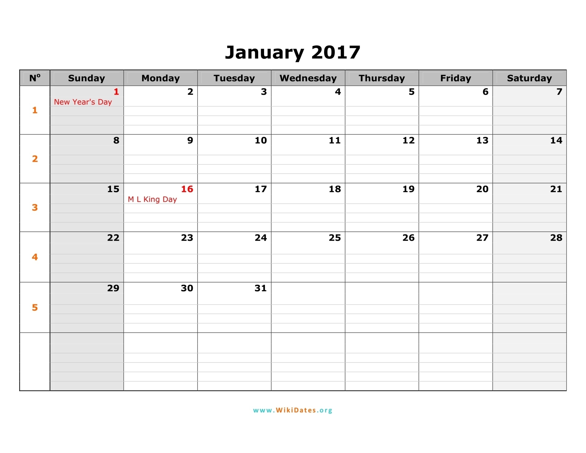 2017 Calendar | Wikidates Perky Calendar Showing Monday Through Friday