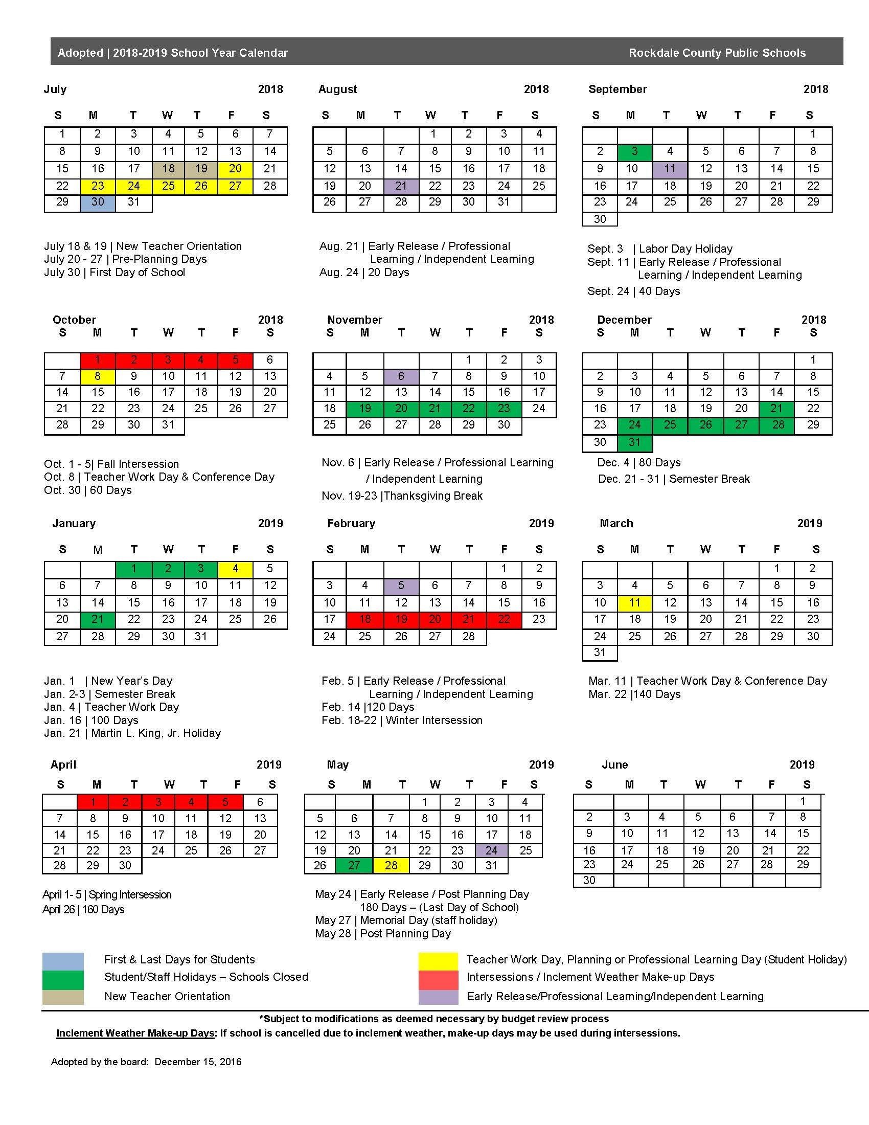 2018-19 Calendar - Rockdale County Public Schools Ga Pre K School Calendar