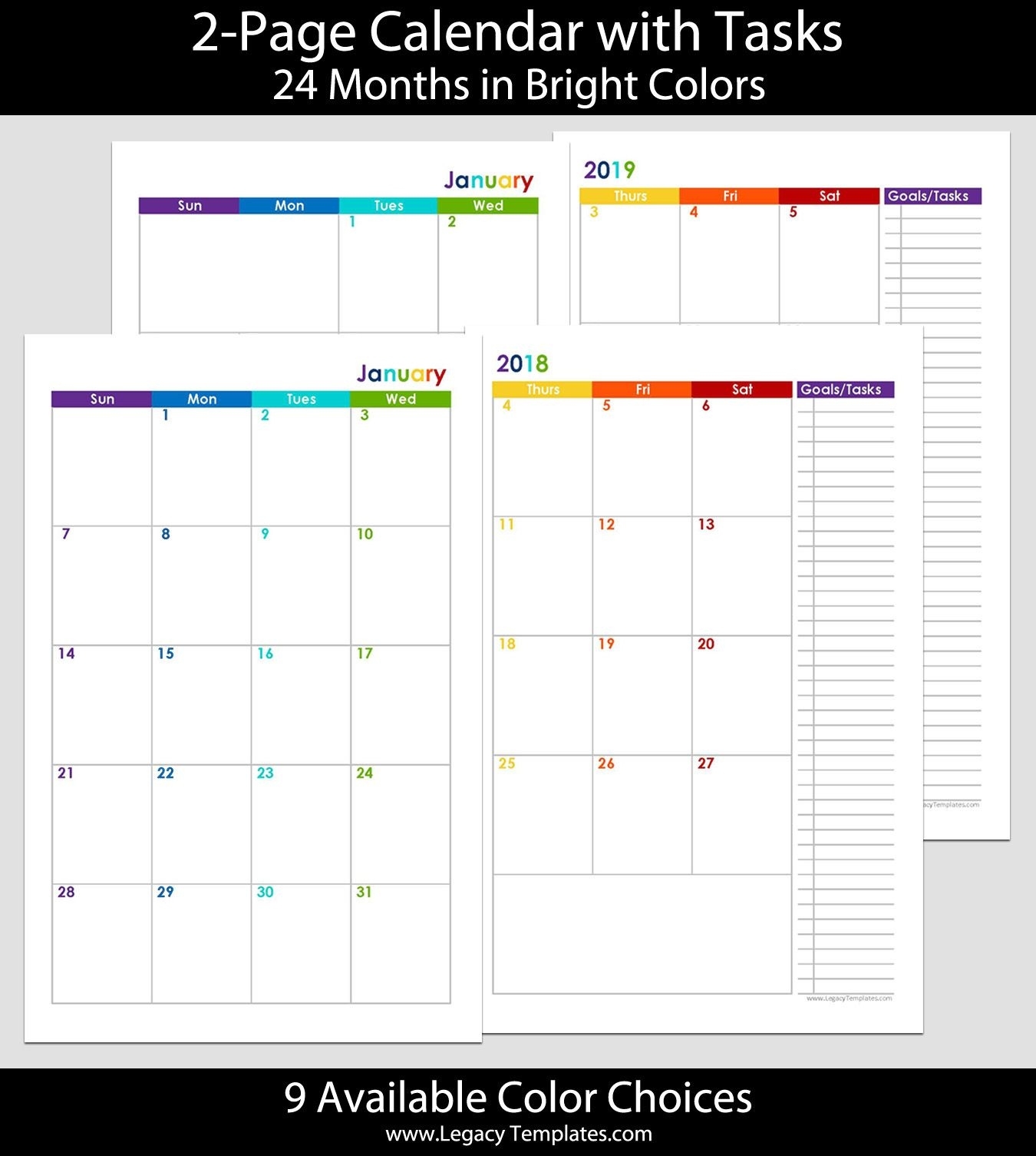 2018 &amp; 2019 24-Months 2-Page Calendar. Printable 2-Page 2 Page Blank Monthly Calendar Printable
