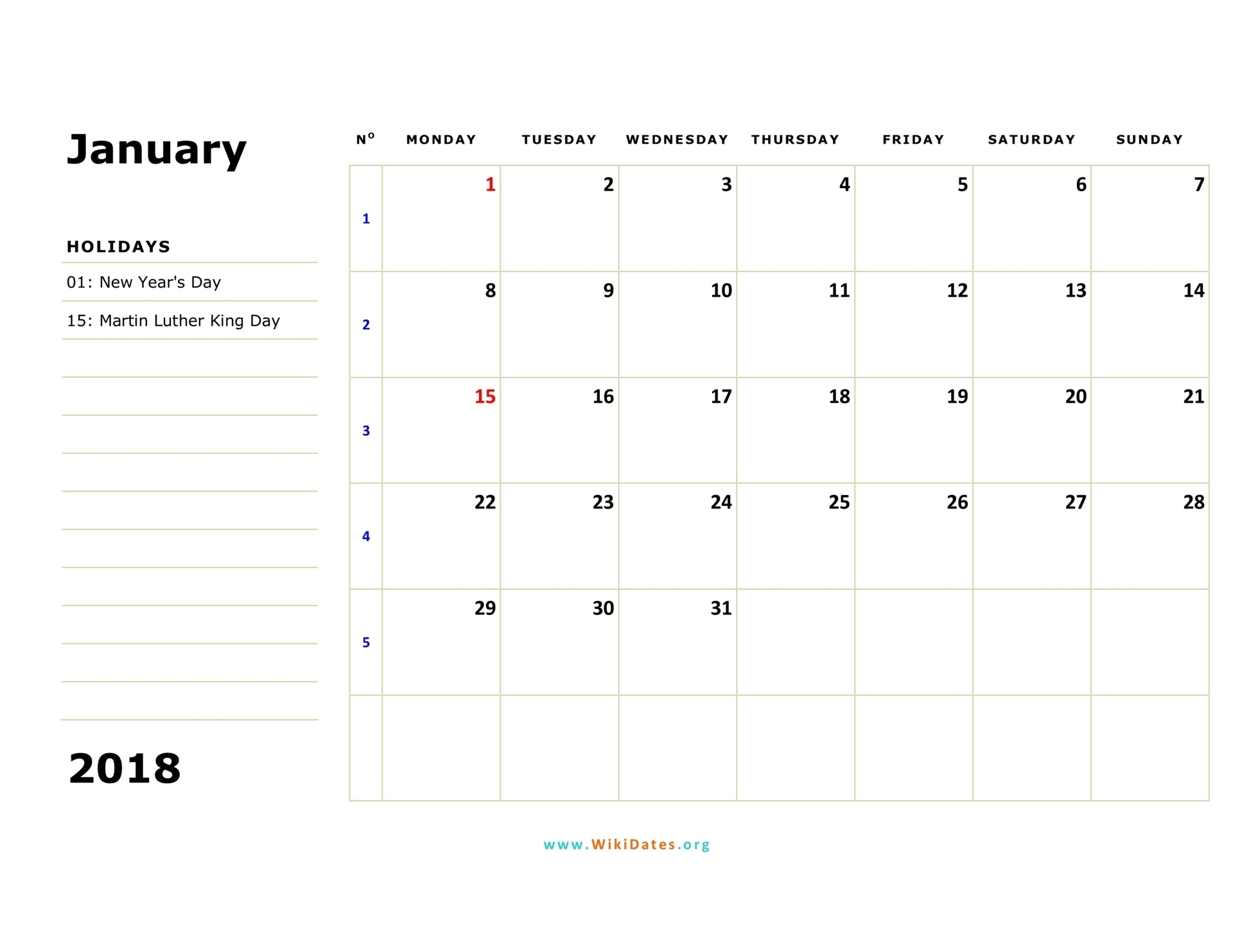 2018 Calendar | Wikidates Monthly Calendar Starts On Monday