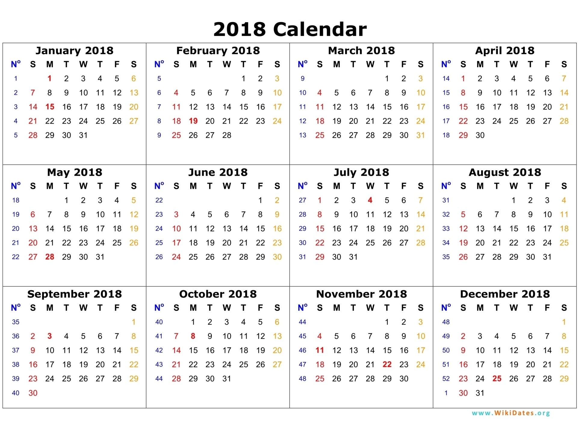 2018 Calendar | Wikidates Printable Gregorian Calendar With Week Numbers