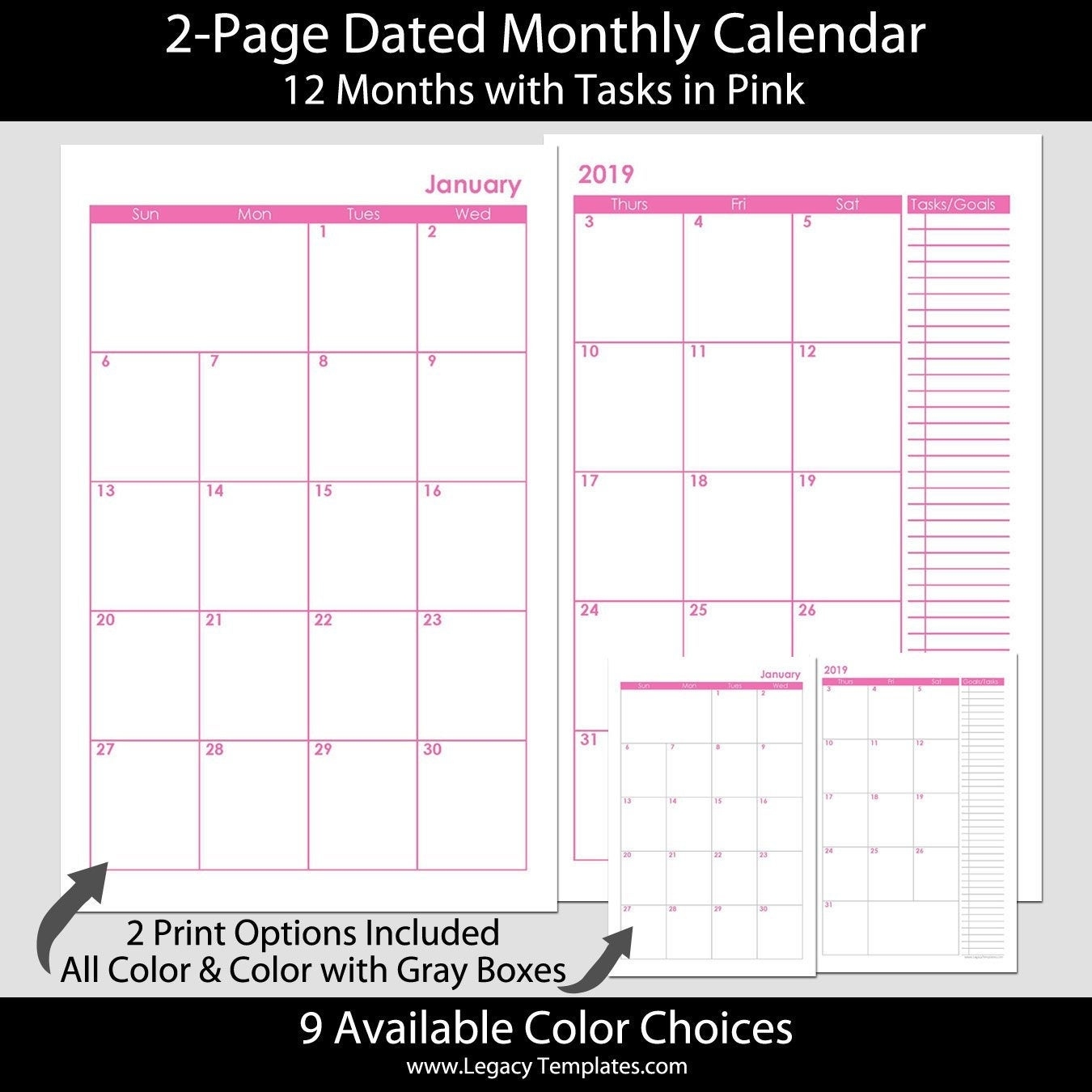 2019 12-Month 2-Page Pink Calendar – Jr Size 5.5&quot; X 8.5&quot; Exceptional 14 X 8.5 Monthly Calendar