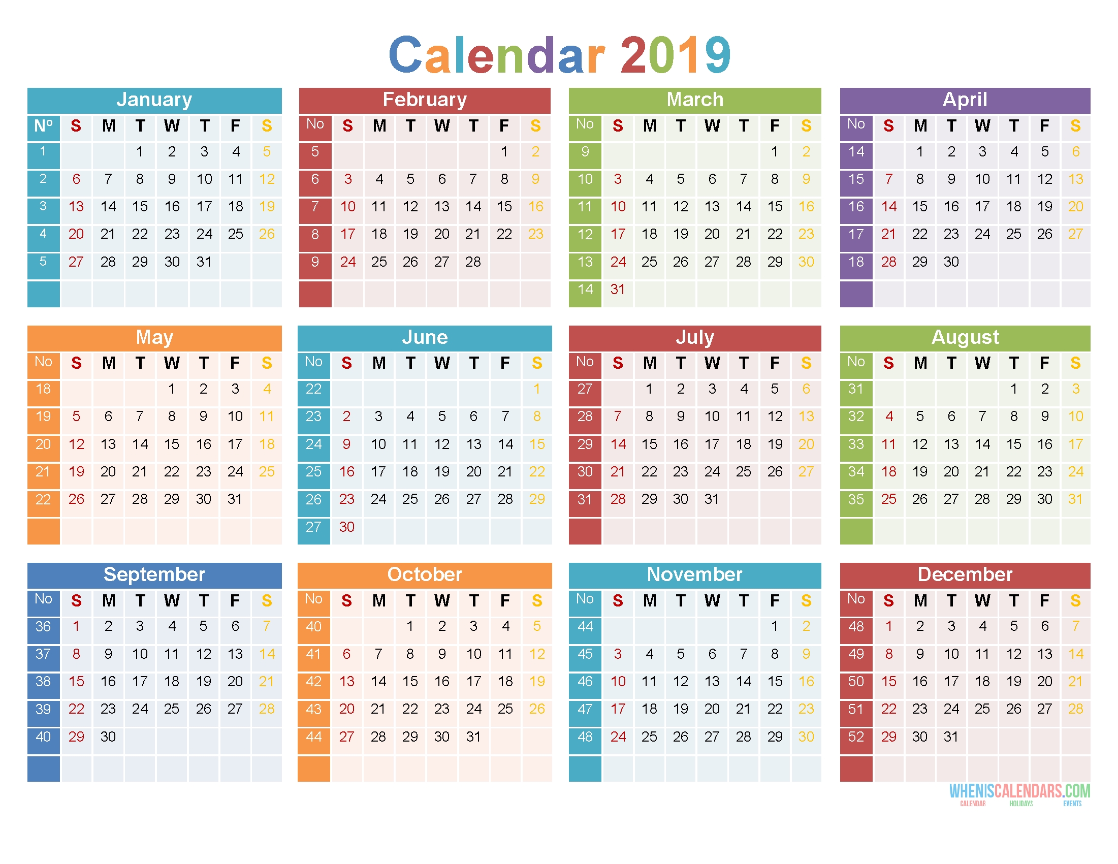 2019 12 Month Calendar Template Large Print Calendar Pdf 4 Month Calendar At A Glance To Print