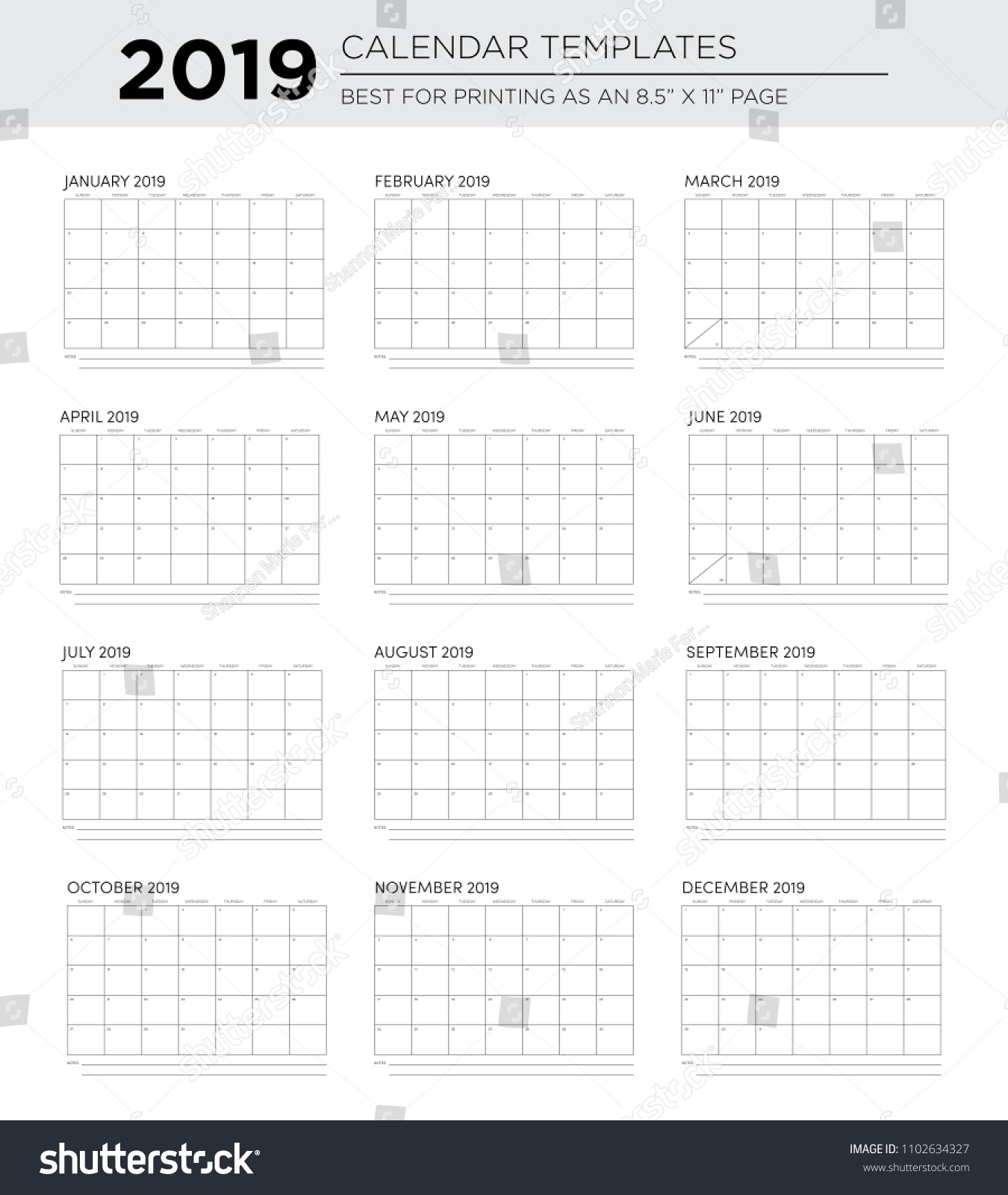 2019 12 Month Sans Serif Calendar Stock Vector (Royalty Free 8.5 X 11 Inch Monthly Calendar