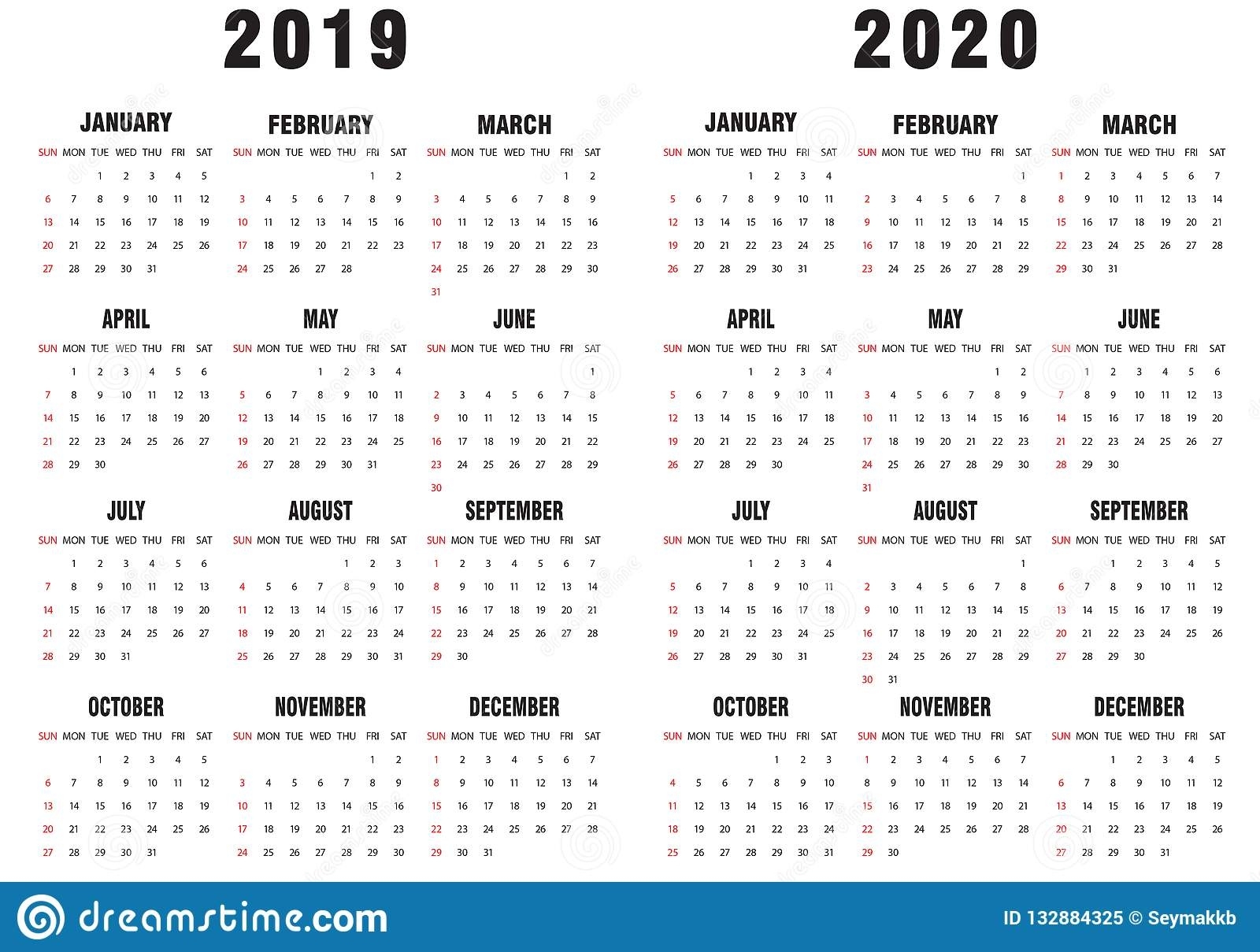 2019-2020 Calendar Black And White Stock Vector Free Black And Wite Calendar 2020