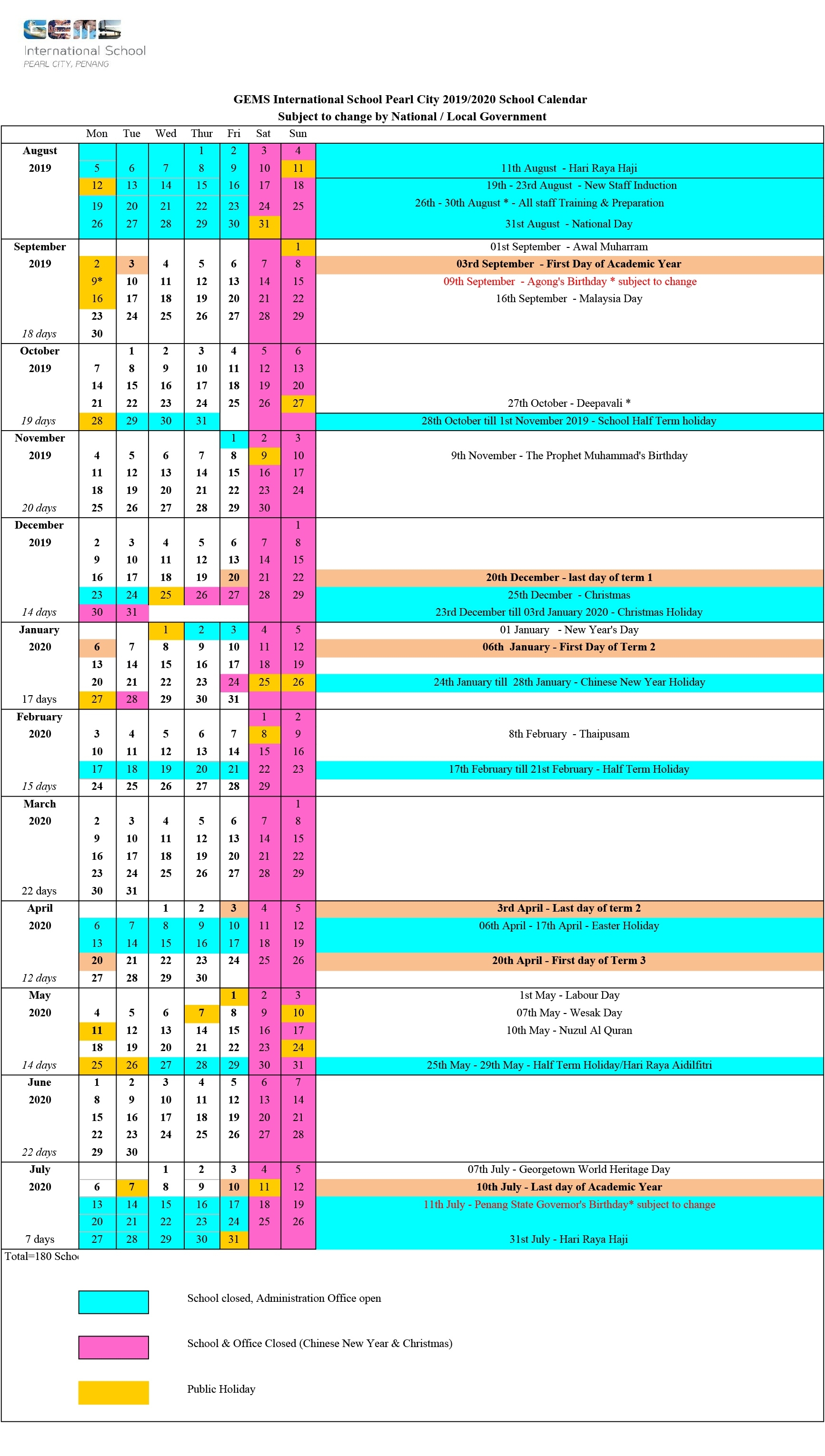 2019/2020 School Calendar - Gems International School 2020 School Holiday Calendar Malaysia