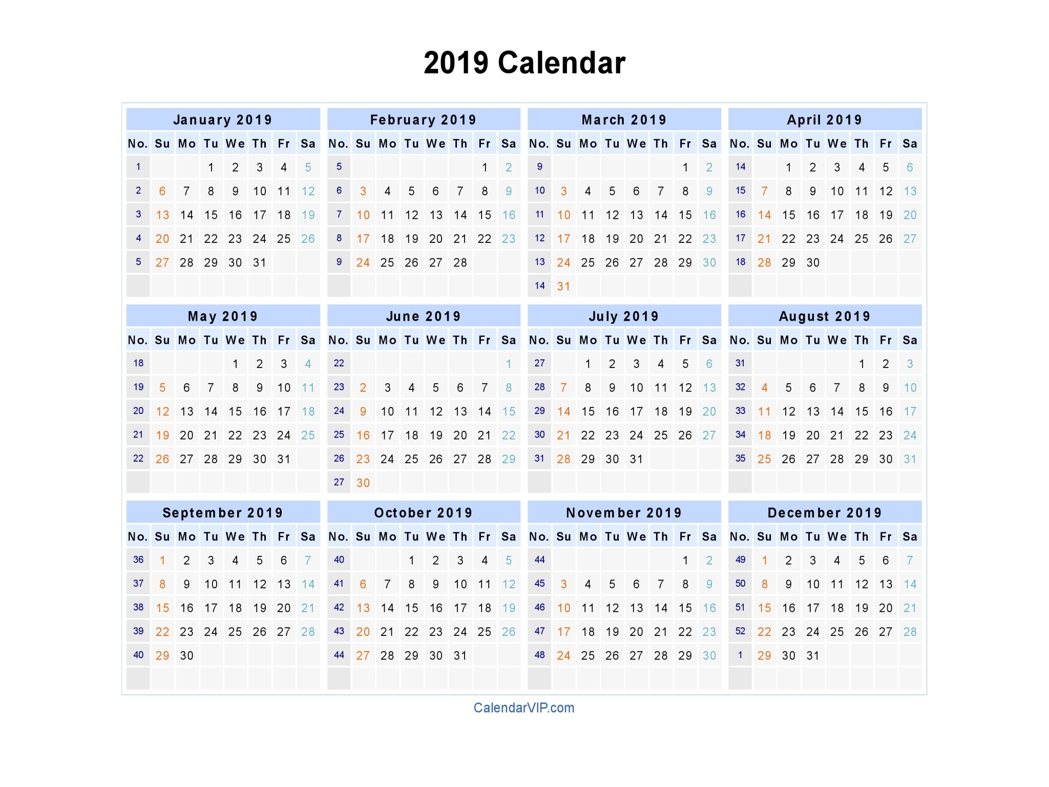 2019 Calendar - Blank Printable Calendar Template In Pdf 2020 Calendar Template With Week Numbers