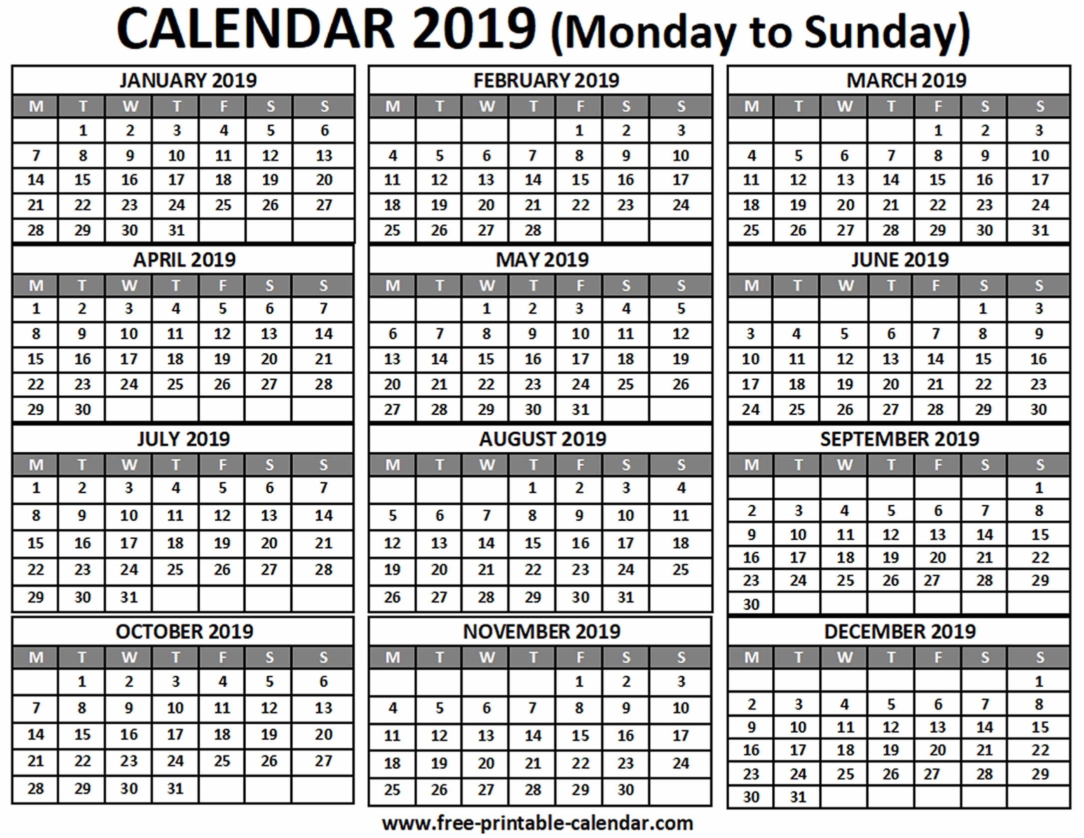 2019 Calendar - Free-Printable-Calendar Free Monthly Calendars Starting On Monday