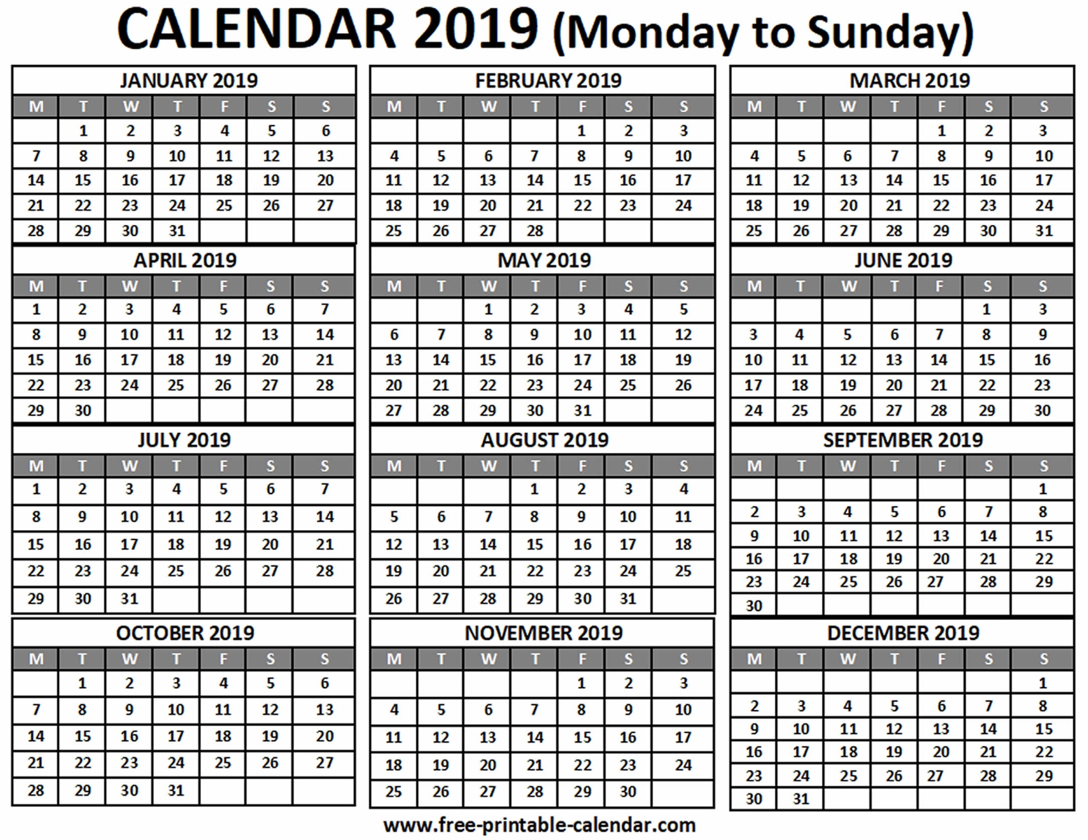 2019 Calendar - Free-Printable-Calendar Incredible Free Printable Calendar Monday Start